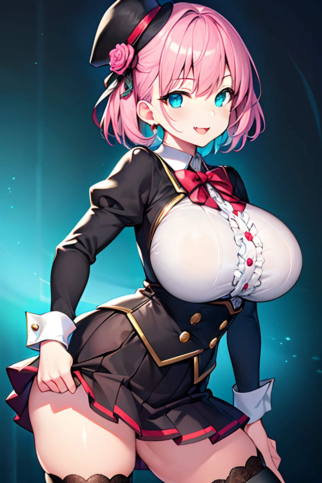 Highly detailed and realistic CG, Colorful , Masterpiece, (Best Quality:1.5), 1girl, solo, loli, petite, child, 10 years old, black mini hat, gothic, long sleeves, collared shirt, frill, buttons, aqua flower, jewel, skirt, aqua ribbon, thigh highs, gothic school uniform, pink hair, short hair, wavy hair, (white covered breast:1.2), huge breasts, sagging breasts, standing, from side, contrapposto, evil smile, long tongue,