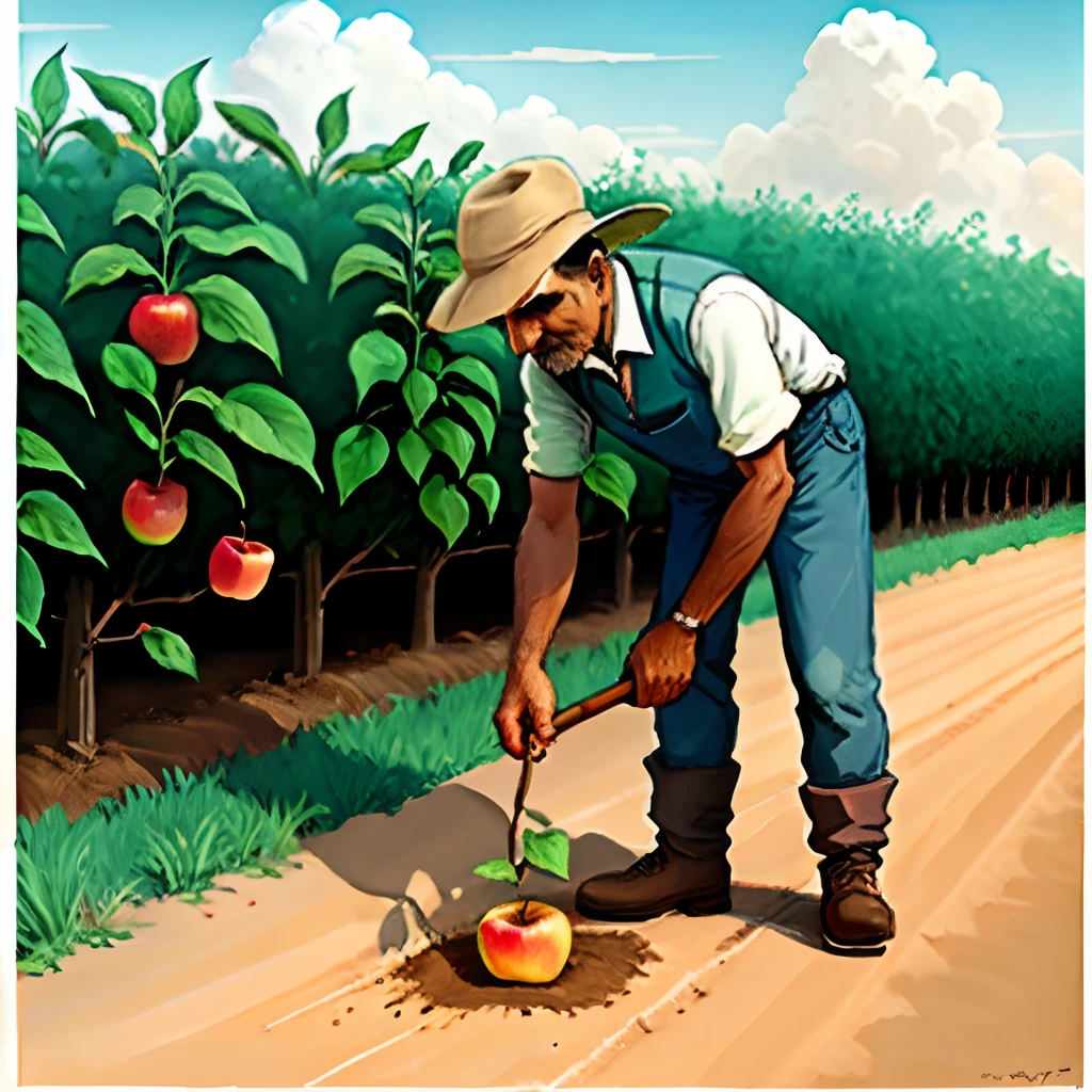 Very Rich and very cheap aged Indian farmer growing apple in ground cartoon images