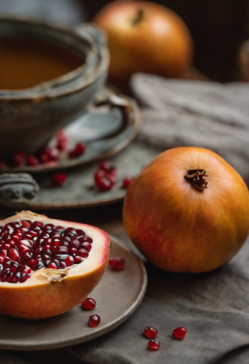 A cup of honey next to Shoshak, Cut the pomegranate and apple slices in half，In a plate decorated with honey - @TheMassiveShtudin --ar 3:2