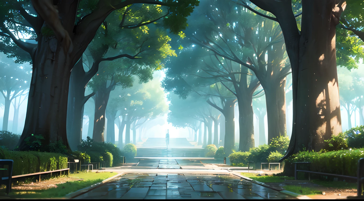 (beautiful university campus), the path of stone,(two side of trees,) after raining, drop of water from the trees, students in the part of the picture (small puddles of water),(anime style),(CG), atmospheric perspective, masterpiece, accurate, ((best quality)), high quality, super detail, high details, anatomically correct, highRes, 1080p