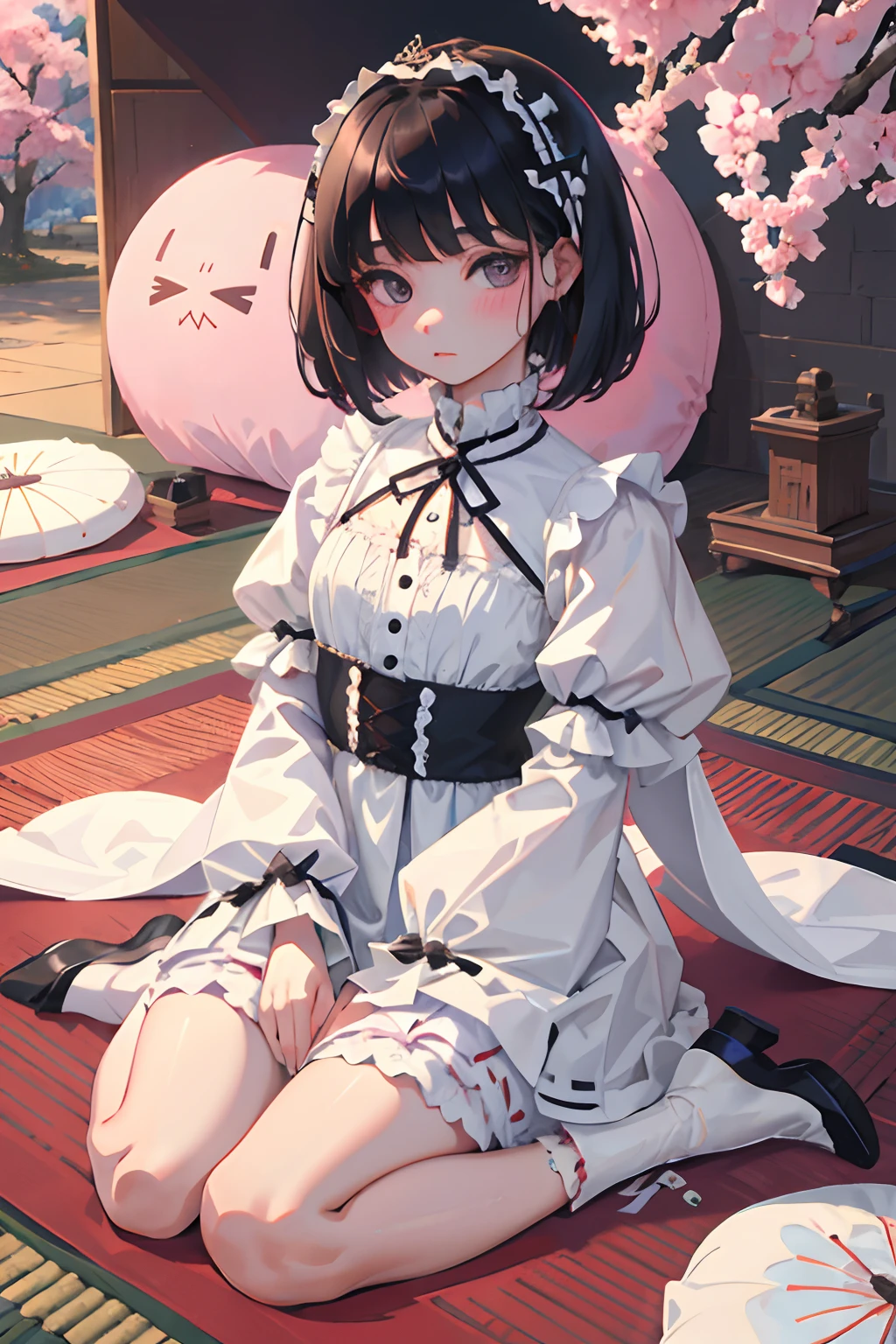 wariza,Curtsey,,(masterpiece,Highest Quality),(shortsleeves,White Gothic Lolita),Sleepy face,Round eyes,A dark-haired,Semi-long bob,bare-legged,Tatami mats,cherry trees