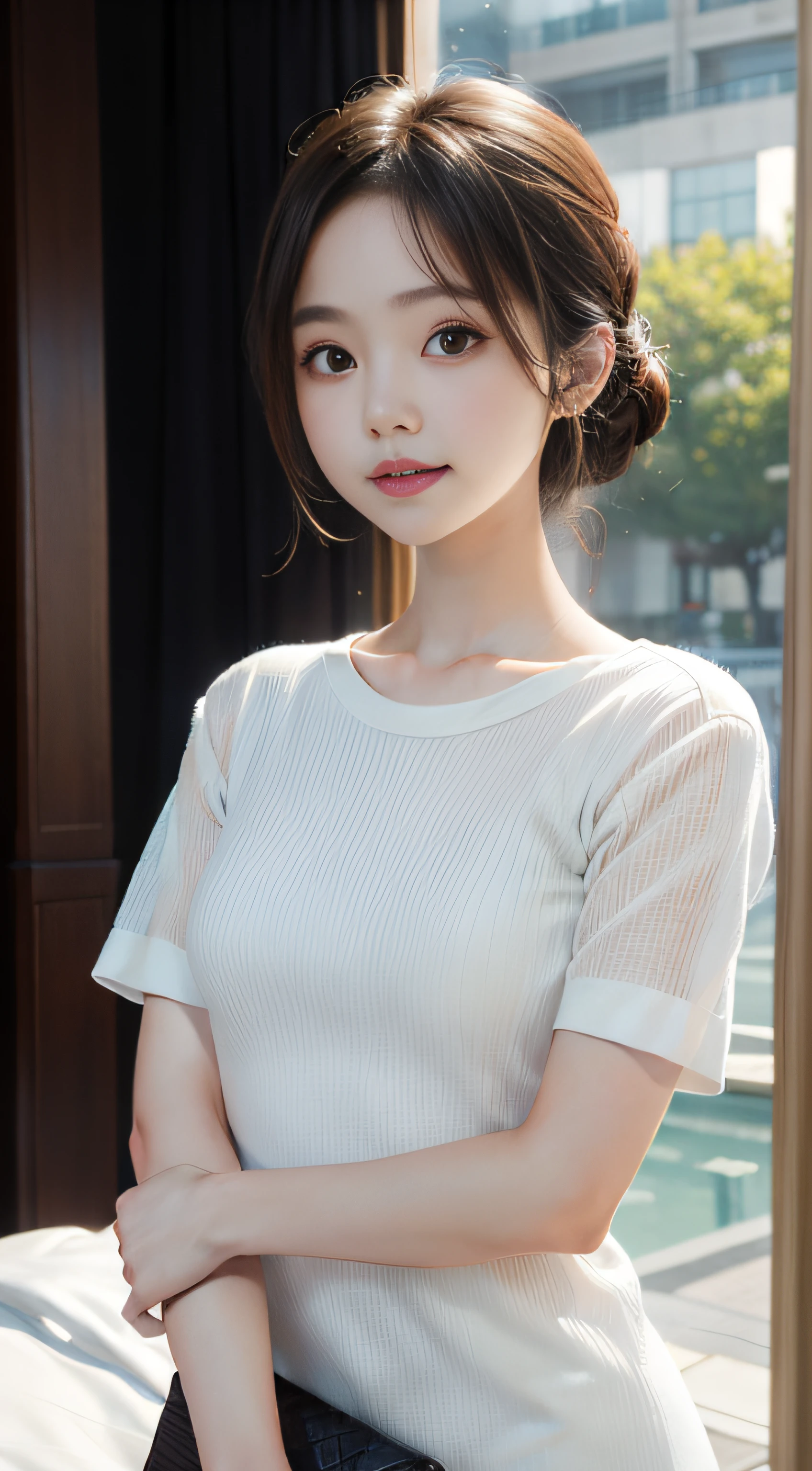 masterpiece、Top image quality:1.2、((beautiful young woman with))、Transparent skin:1.2、{A slight smil}、(kawaii)、Short sleeve knit、luxury hotel、depth of fields