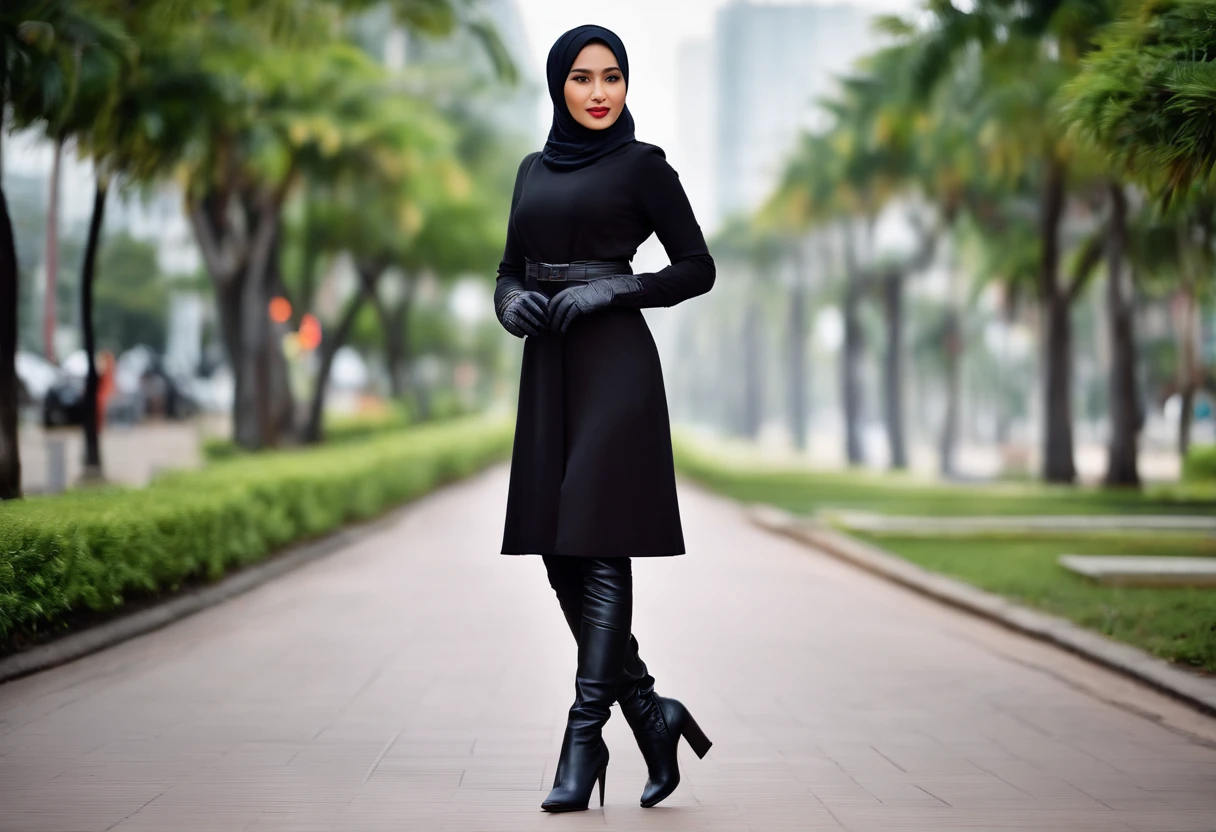 Business Suit Black leather gloves long boots Face-to-face Young indonesian lady Report on your smartphone wearing jersey hijab Black leather gloves cover both hands
