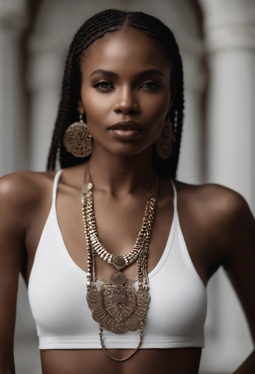 Photo of an African woman in ebony wearing a white tank top with Hoodstarworld in black letters on her chest , Sideboob, stunning, femme magnifique, patron de fille, joaillerie, earrings, collier, Sexy Attire, cheveux longs, Regarder le spectateur, realism, VFX, volumeric lighting, volumettic light, volumetic, natural lighting, High Details, detailed and intricate, Intricate details, high intricate details, absurd amount of details, absurdes, High resolution, Prise de vue moyenne, Coup unique, Mise au point superficielle, minora, seins moyens, bracelet, charme, Bande, Poignet, collier, chain, charme, cou,