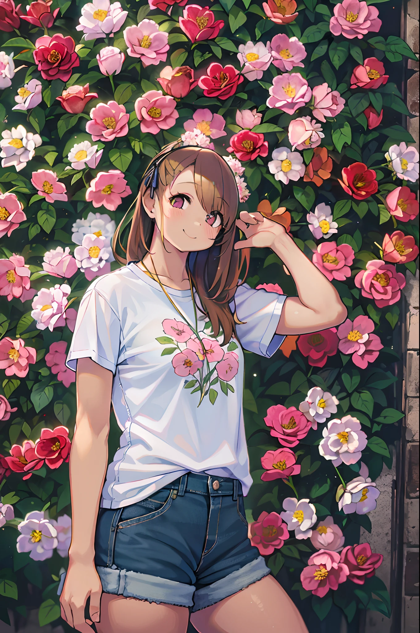 masutepiece, a young beautiful girl, Smiling, Looking at the camera, Stand in front of a mass of roses, Wearing shorts and T-shirt, White sneakers. Wearing tops and shorts, Flowers, fully body photo, Casual pose, Slender legs