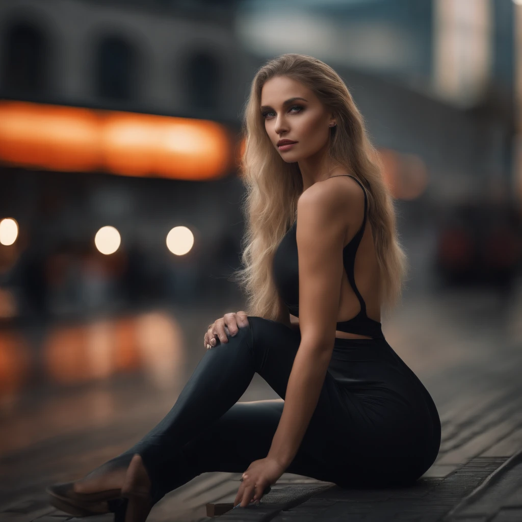 Gorgeous young woman with long straight hydrogen blonde hair, seductive blue eyes, lange sexy Beine, schwarze High Heels, roter string bikini, Ansicht von hinten, perfekter Hintern, auf einem Parkplatz in einem Einkaufszentrum, ((detailed facial features)), (fein detaillierte Haut), blasse Haut, Realistische Hautstruktur, Extreme Hautdetails, (poren:0.1), in the background beautiful futuristic cyberpunk city, best quality masterpiece, fotorealistisch, hyperrealistisch, Detailliert, 8K, HDR, (Weiche Farbe: 1.2), light depth of field, Breites Licht, Hoher Kontrast, Hintergrundbeleuchtung, bloom, Leichtes Funkeln, chromatische Aberration, Scharfer Fokus, RAW-Farbfoto, without background blur