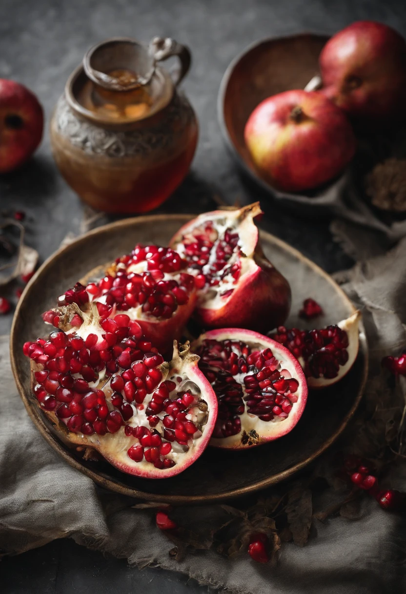 A cup of honey next to Shoshak, Cut the pomegranate and apple slices in half,In a plate decorated with honey - @TheMassiveShtudin --ar 3:2