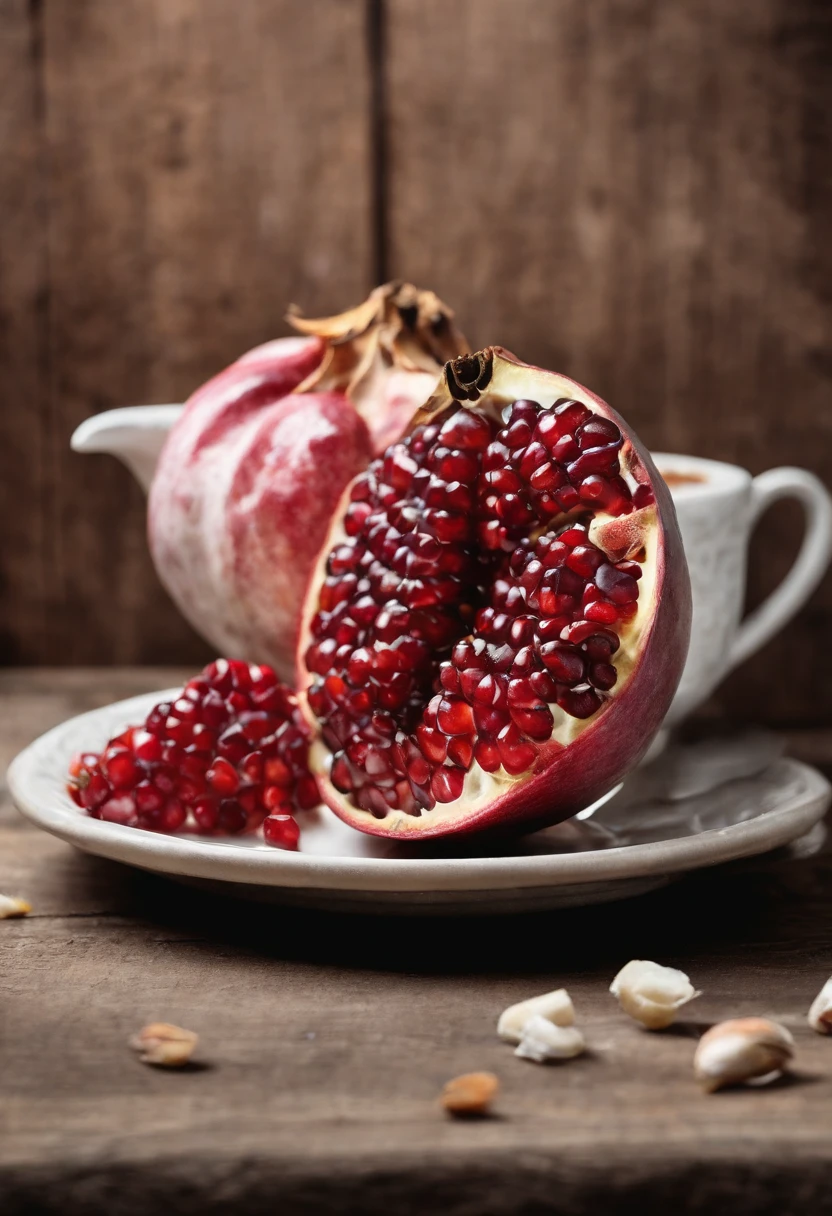 A cup of honey next to Shoshak, Cut the pomegranate and apple slices in half,In a plate decorated with honey - @TheMassiveShtudin --ar 3:2