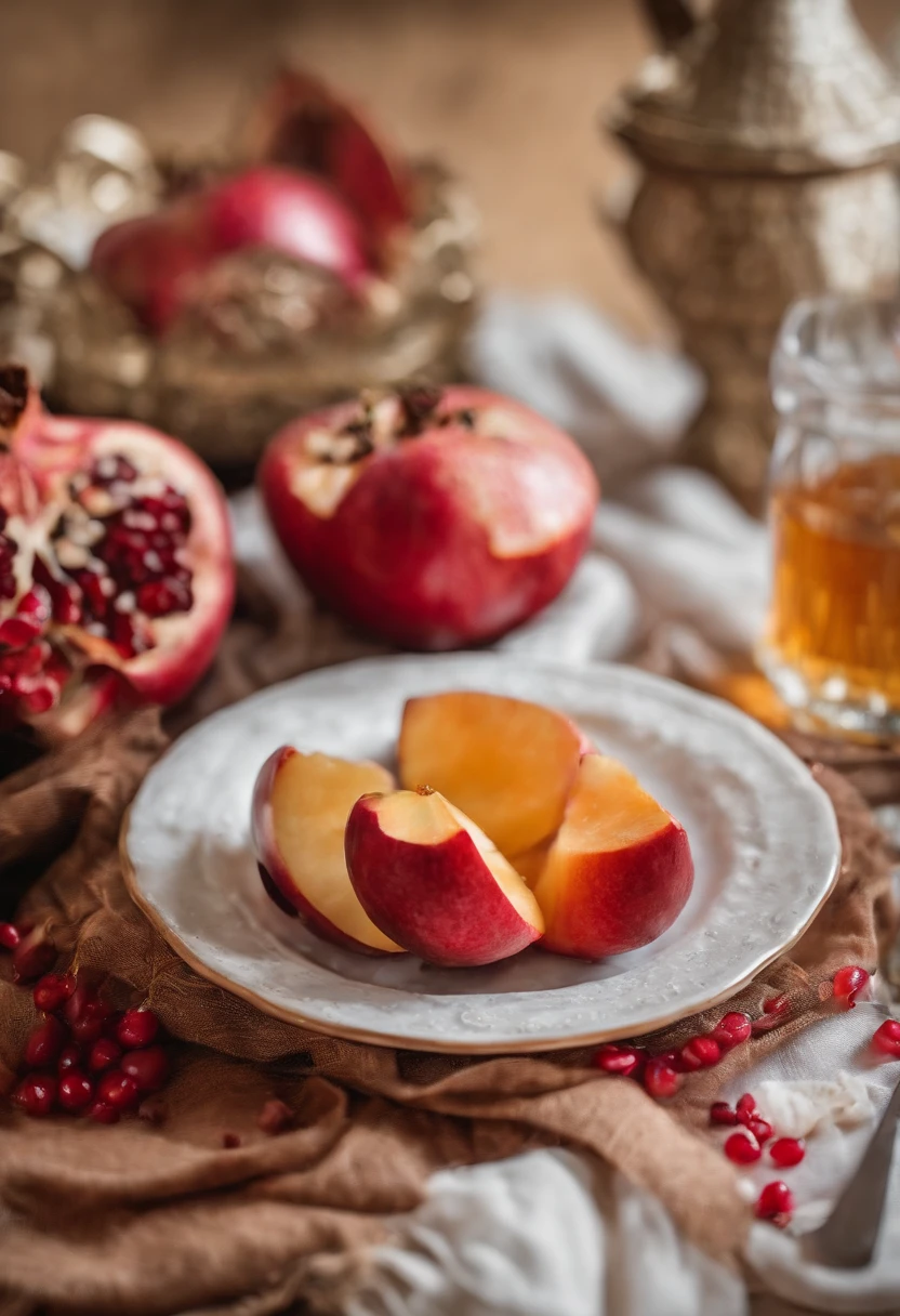 A cup of honey next to Shoshak, Cut the pomegranate and apple slices in half，In a plate decorated with honey - @TheMassiveShtudin --ar 3:2