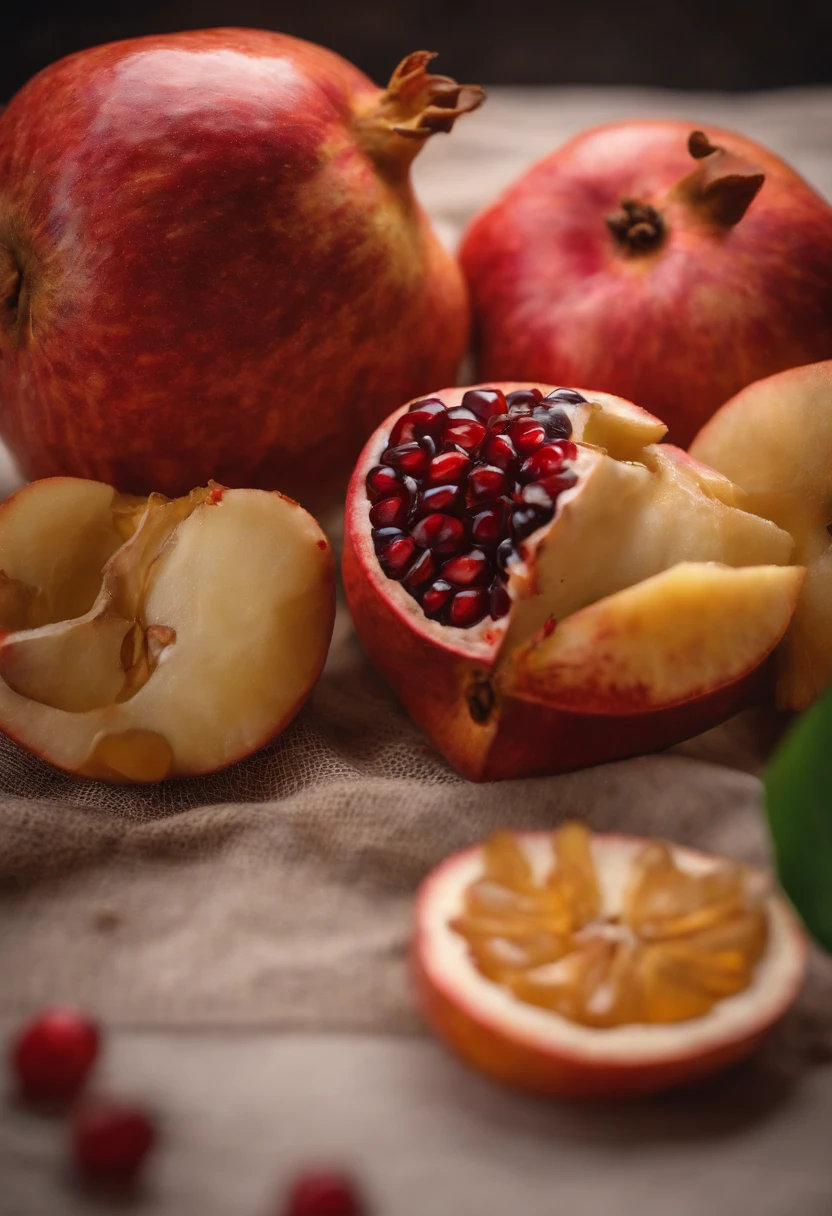 A cup of honey next to Shoshak, Cut the pomegranate and apple slices in half，In a plate decorated with honey - @TheMassiveShtudin --ar 3:2