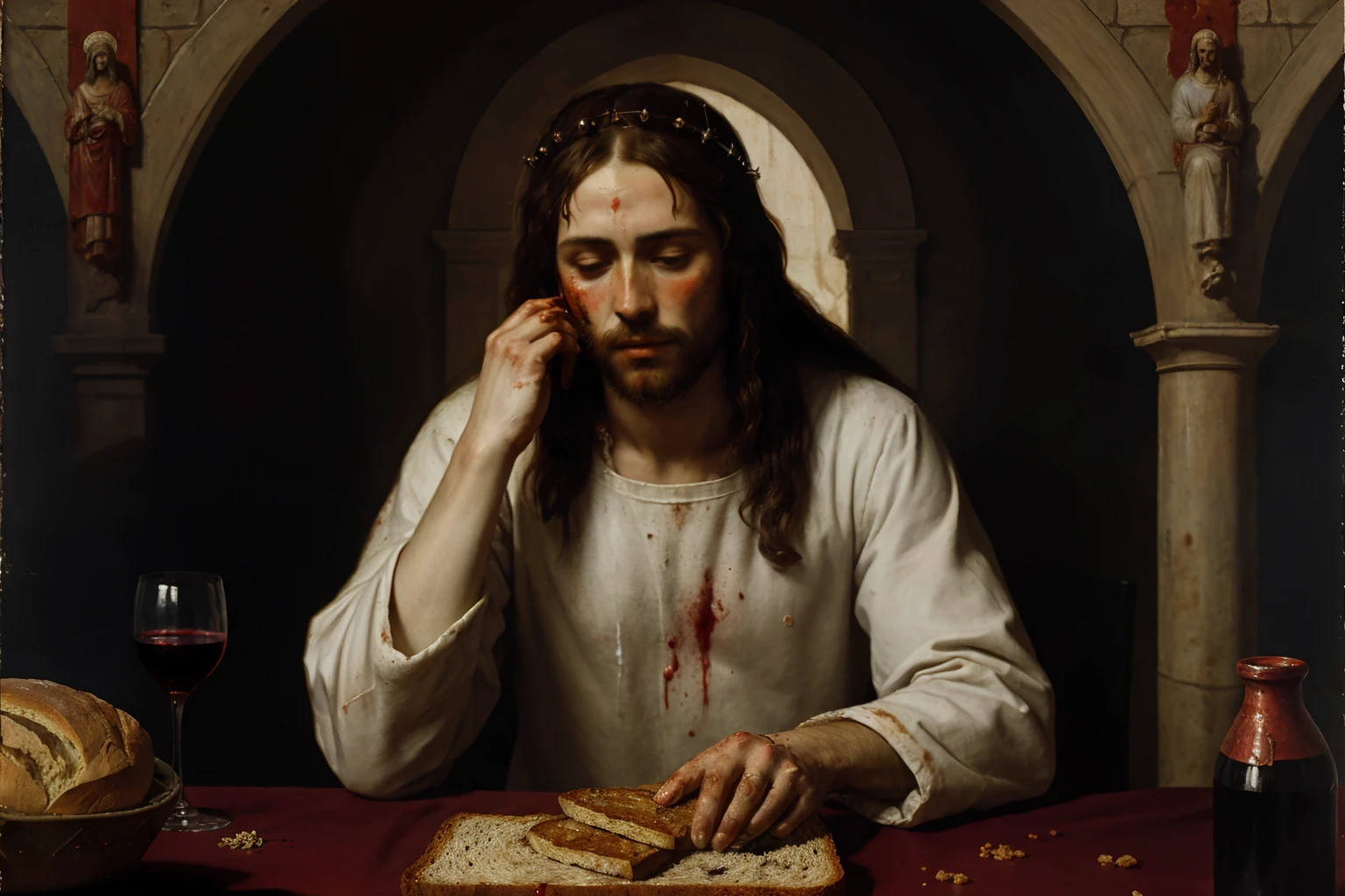 Jesus of Nazareth sitting at a table offering the viewer bread and wine, art by Anthony van Dyck, covered in blood, bleeding from scalp onto forehead, blood on hands