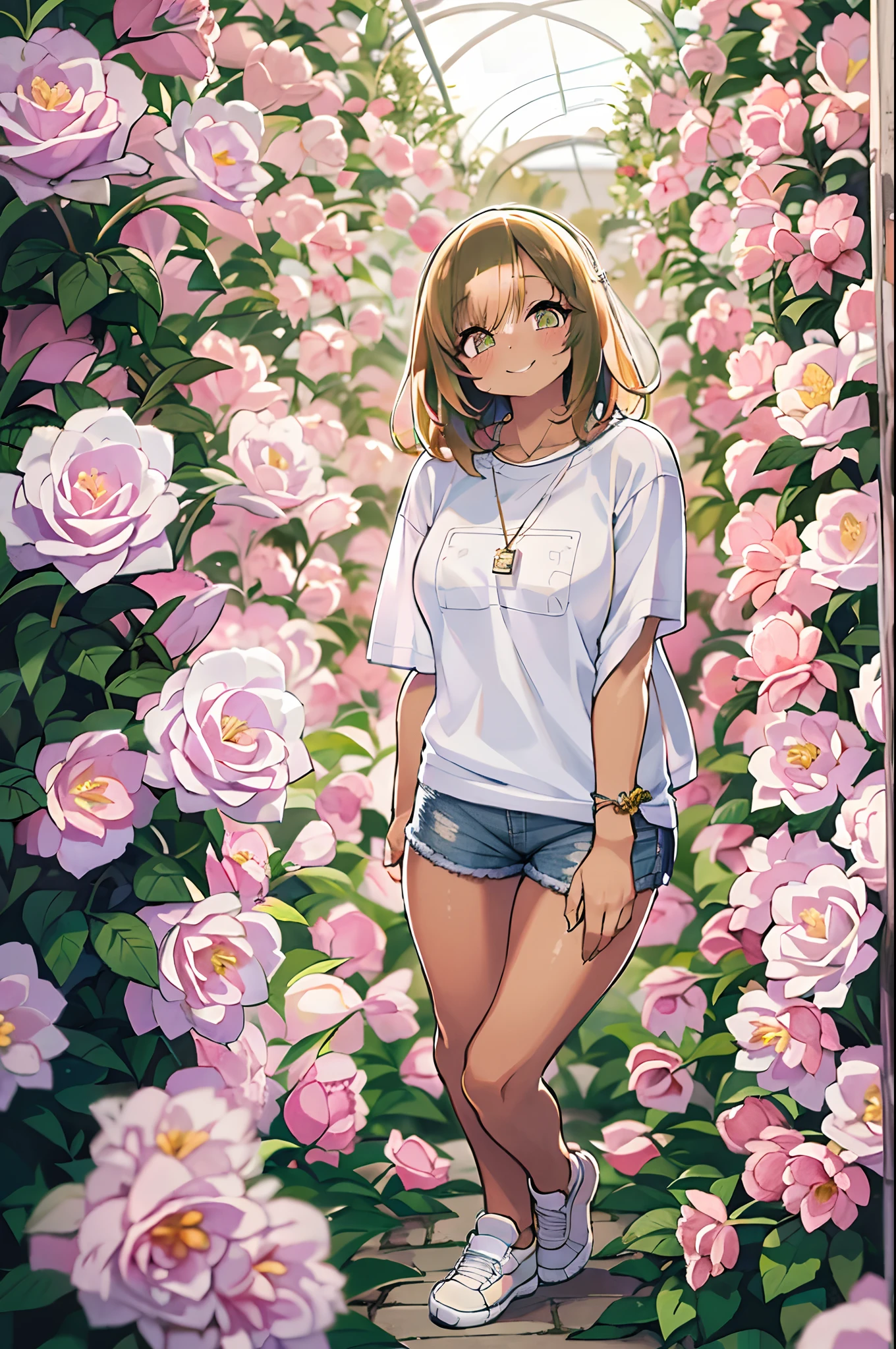 masutepiece, a young beautiful girl, Smiling, Looking at the camera, Stand in front of a mass of roses, Wearing shorts and T-shirt, White sneakers. Wearing tops and shorts, Flowers, fully body photo, Casual pose, Slender legs