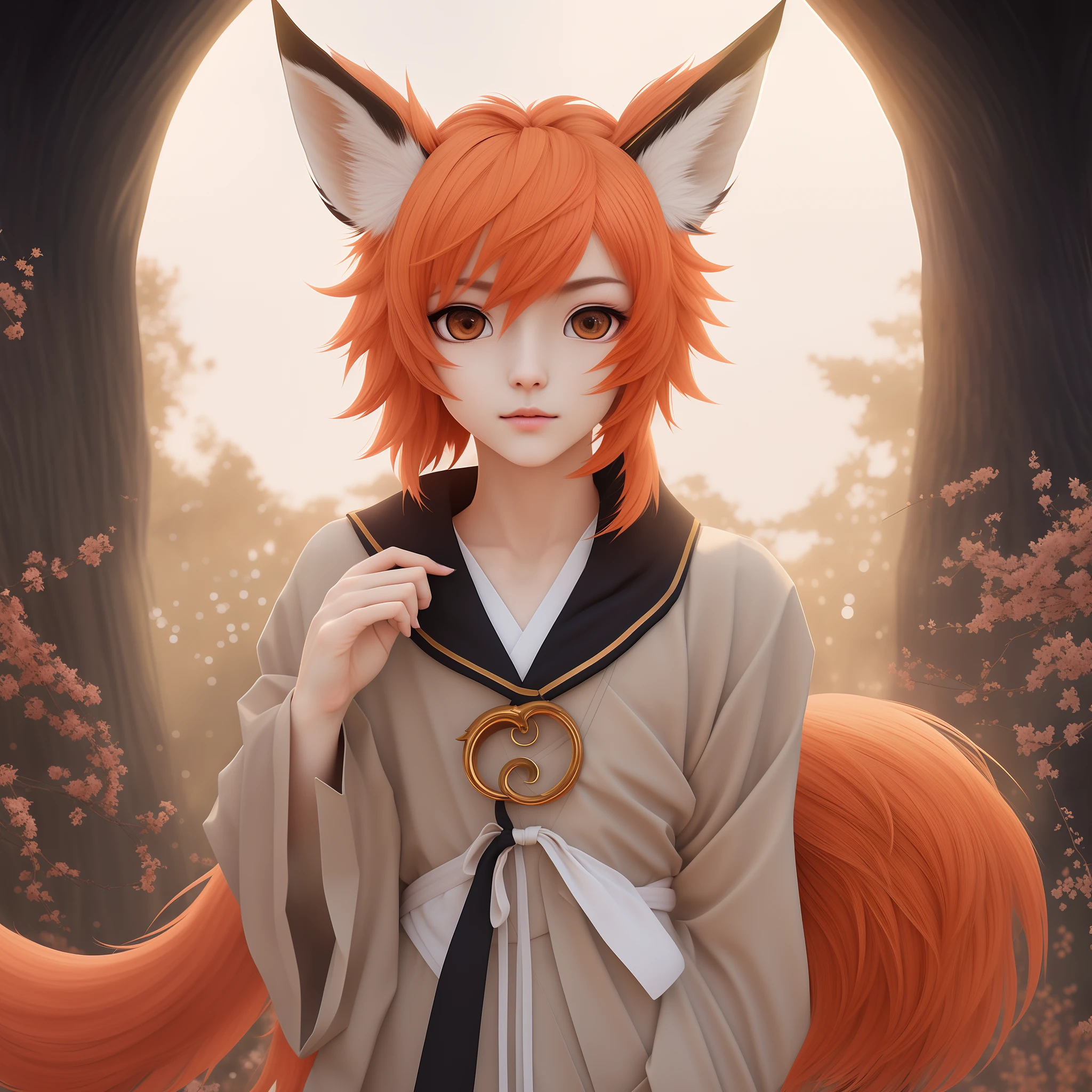femboy, androgynous, highres, masterpiece, 4k, detailed, orange eyes, orange hair, animal_ears, tail, fox_tail, fox_ears, animal_ear_fluff, fox_boy, cute, neutral expression, one hand in the air, traditional japanese clothing, giant moon, night sky, artistic japanese trees, blush, realistic, adult, manly face, extremely detailed eyes, black collar with golden stripe
