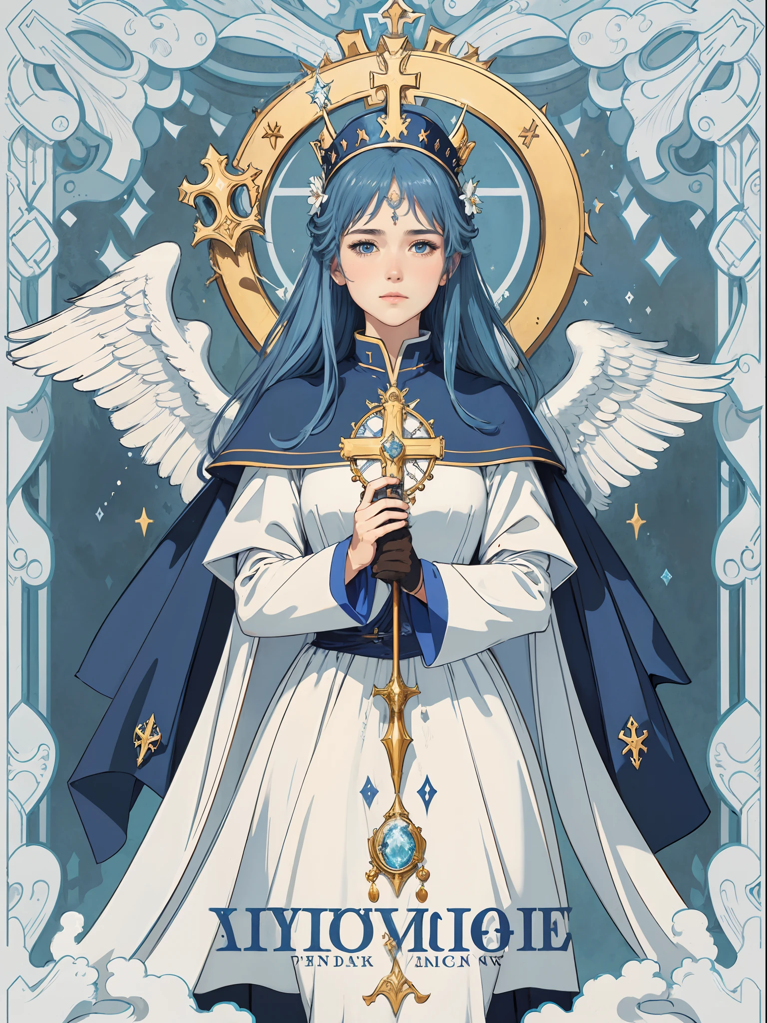 1girl as Holiness Santa Geraldine, detailed eyes, detailed face, Catholic church backgrounds, holy atmosphere, holy ceremony, angelic halo, holy magic German Hammer, blue crown , best quality, masterpiece, trending on Art station,illustrated as tarot card
