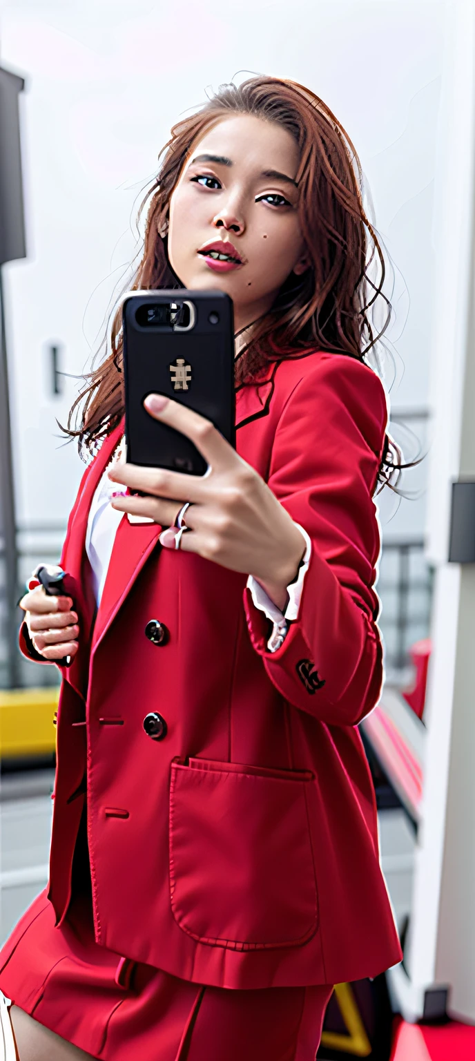 professional woman in red jacket taking selfie in mirror with cell phone, wearing red jacket, red jacket, cool red jacket, red suit, red coat, wearing a red outfit, full HD image, wearing red attire, candid picture, wearing red, candid photo, wearing jacket, with shoulder pads, fine details. red, posing!!