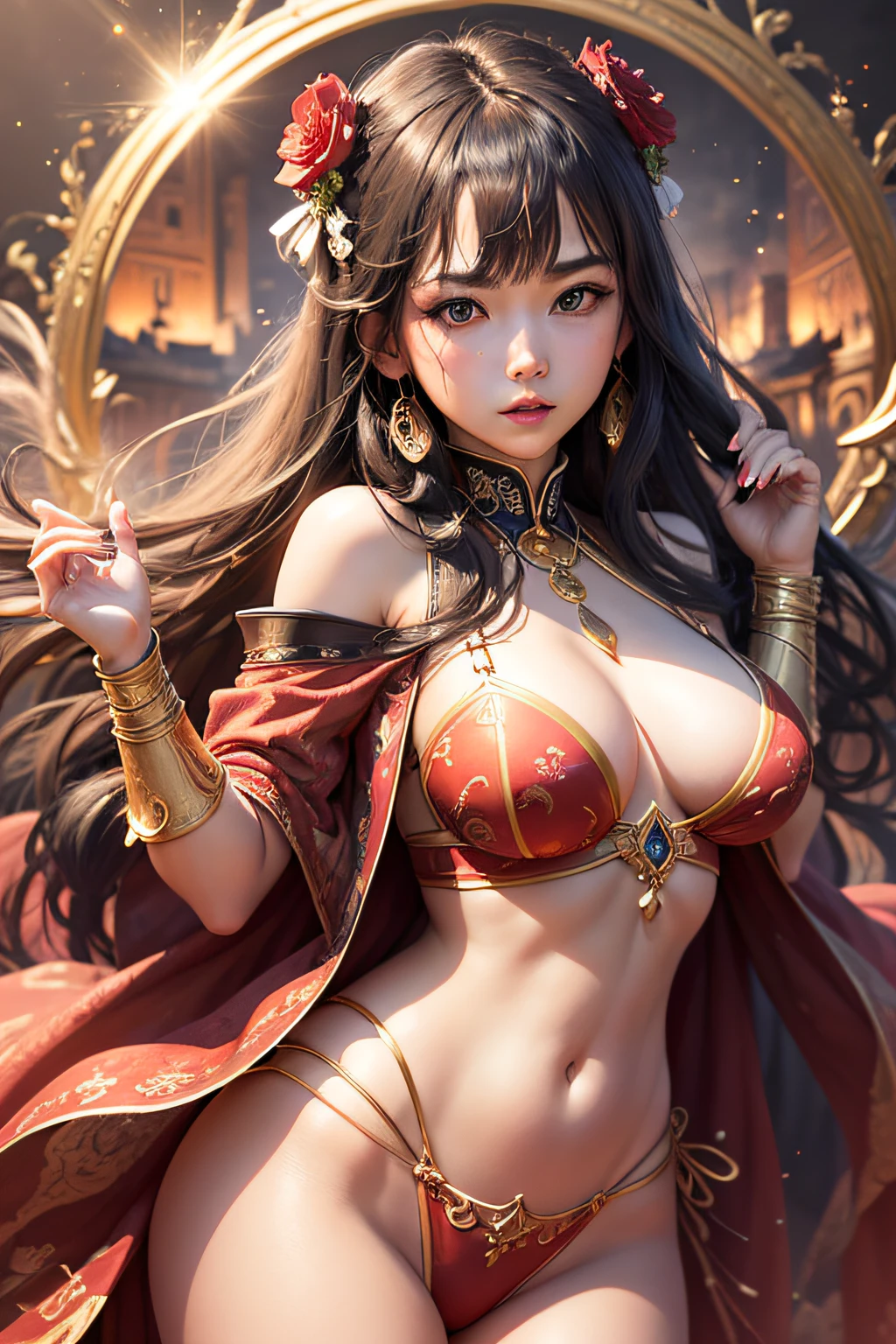 8k、RAW Photography、top-quality、masterpiece:1.2)、(realisitic、Photorealsitic:1.4)、(extremely detailed CG unified 8k wallpaper)、(1girl in:1.5)、Western beauty、(red clothing:1.4)、Red spots on the forehead、thin skin、red blush、big eye、full bodyesbian、thighs thighs thighs thighs、open navel、Gold waist chain、Gold Jewelry、Flying ribbon、Particle、The background is the ancient city of Loulan、Ancient city walls、A desert、dance、 dunhuang_dress、dunhuang_style、