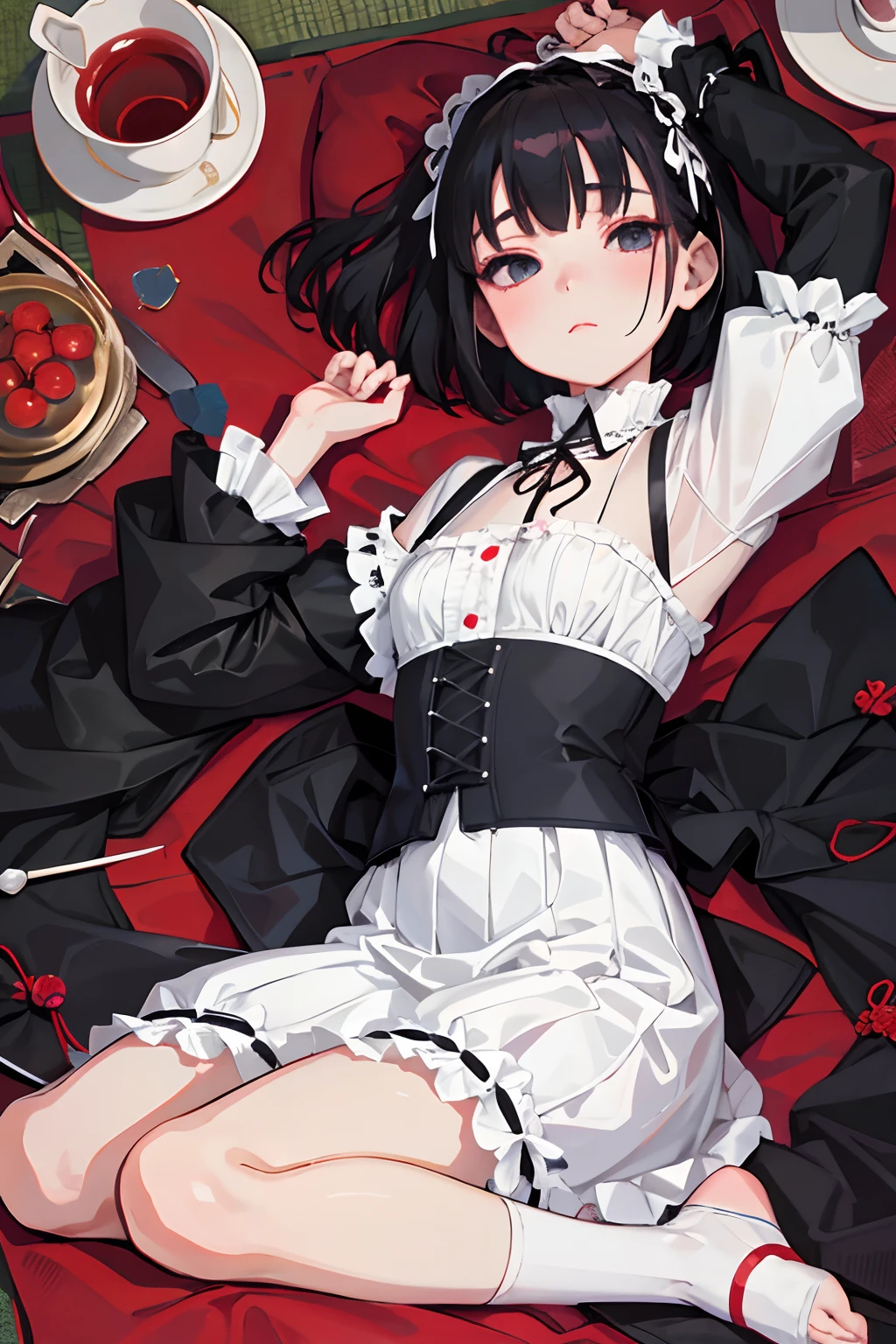 wariza，Curtsey，child，（​masterpiece，Highest Quality），(shortsleeves，White Gothic Lolita)，Sleepy face，Round eyes，A dark-haired，Semi-long bob，bare-legged，Tatami mats，cherry trees