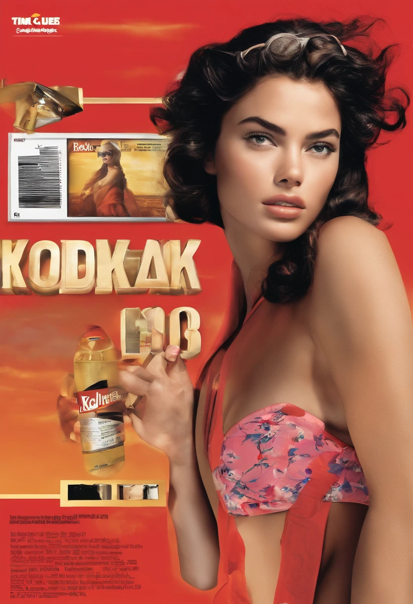 Kodak disposable camera photo of a female that looks like lo london from bgc12 and also looks like adriana lima, time magazine (add logo), curly hair, swimsuit