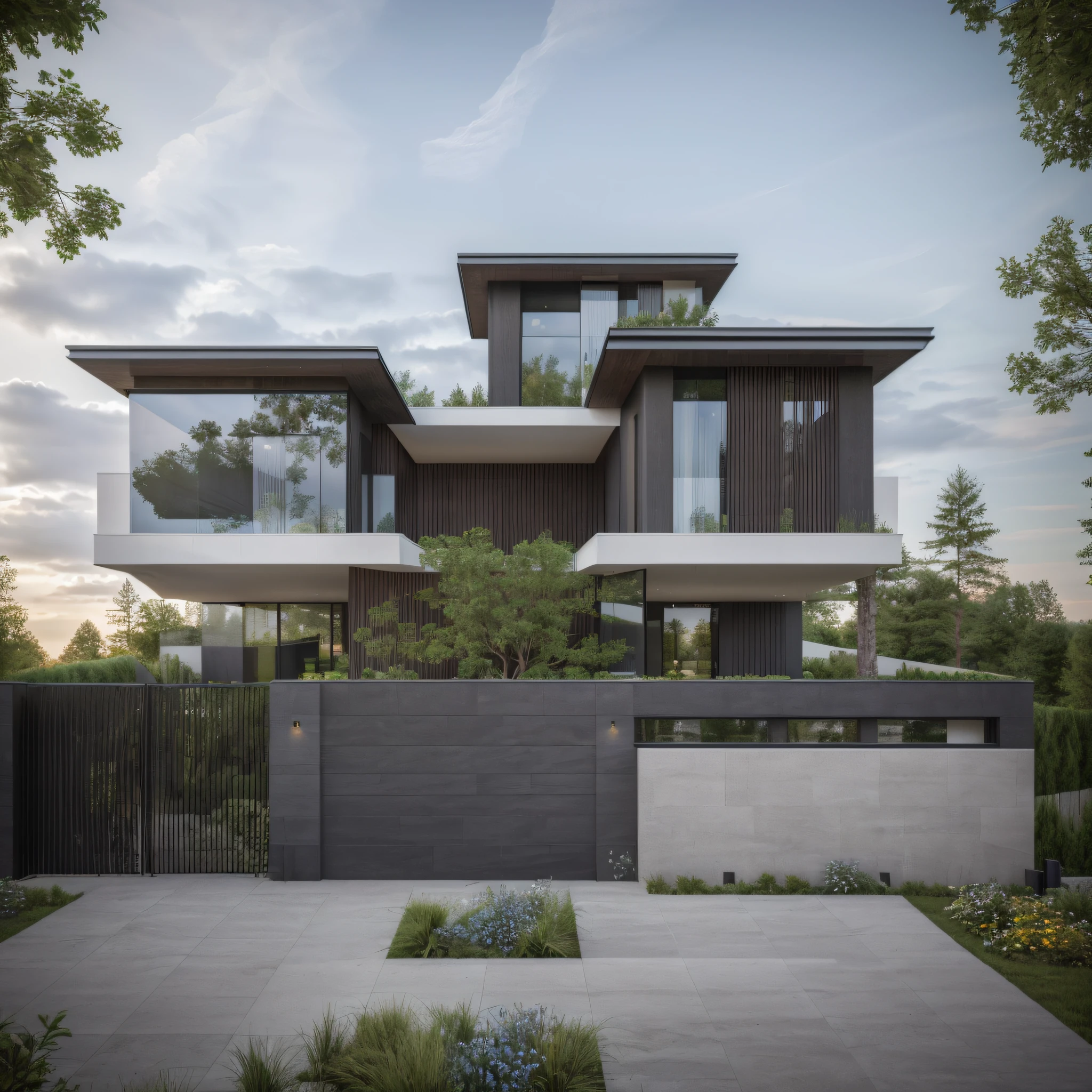 (masterpiece),(high quality), best quality, real,(realistic), super detailed, (full detail),(4k),8k,modern house exterior design,Modern architecture,Beautiful_sky,Day light, no_humans, outdoors,sky,tree,Garden flower front of building,