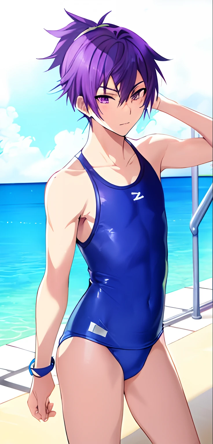 Cool boy with short purple hair, Anime boy in blue swimsuit poses for photo, Boy with Purple Eyes, School swim wear, garments:High-cut swimwear, onepiece swimsuit, He has purple hair, Ecchi anime style, Seductive Anime Boy, In anime style, Cool anime boy in a navy blue tanksuit, (Anime Boy), His hair is in a ponytail at the back, Bare shoulders, bare legs,