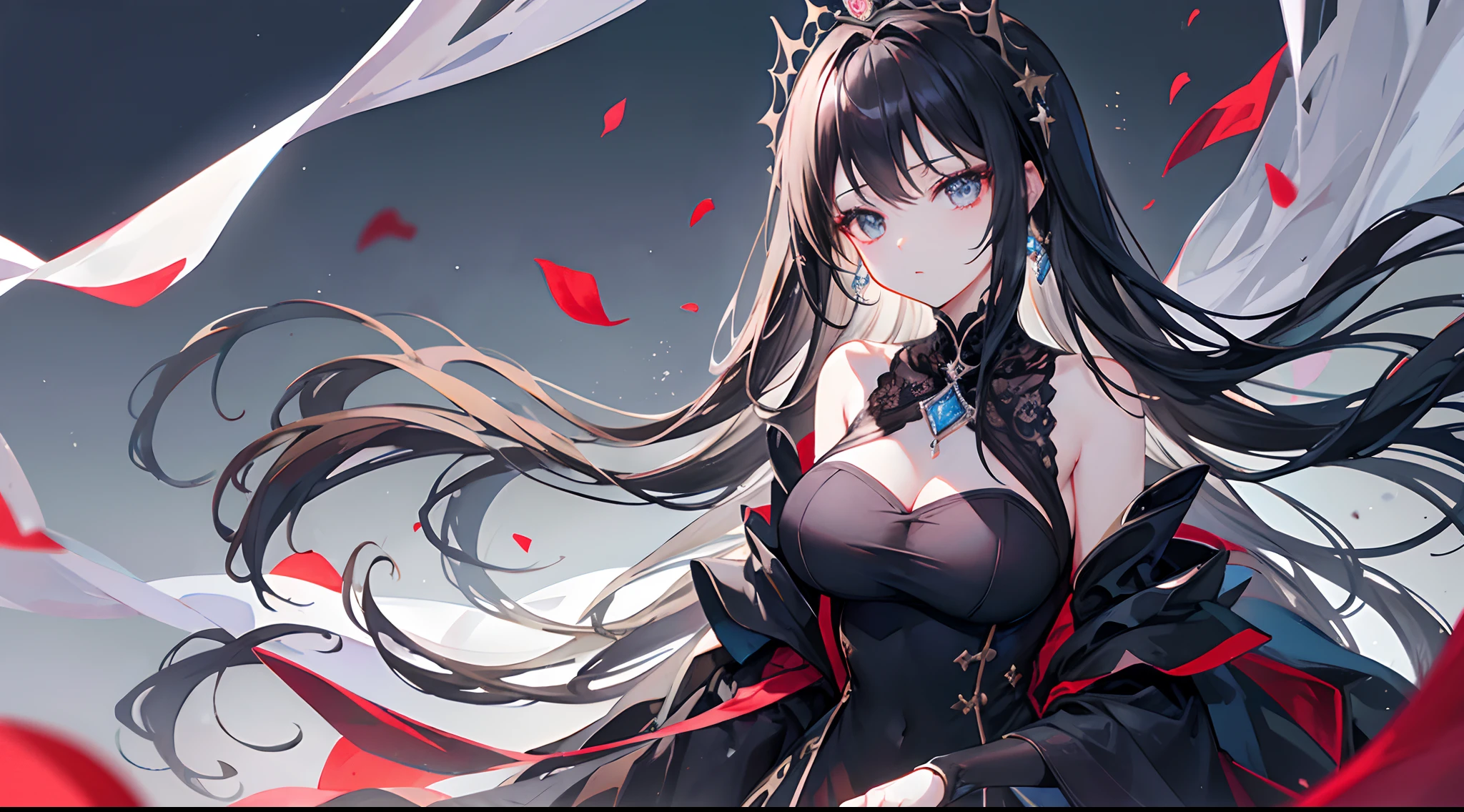 Masterpiece, Committed to ultra-high definition and vivid colors, Super detailed, Attention to detail, highest quality, 8K, 16K, Exquisite detail, A style that combines romanticism and realism, High resolution, Perfect Anatomy, Woman wearing a black wedding dress, wedding style, Fearless smile, Gorgeous black dress