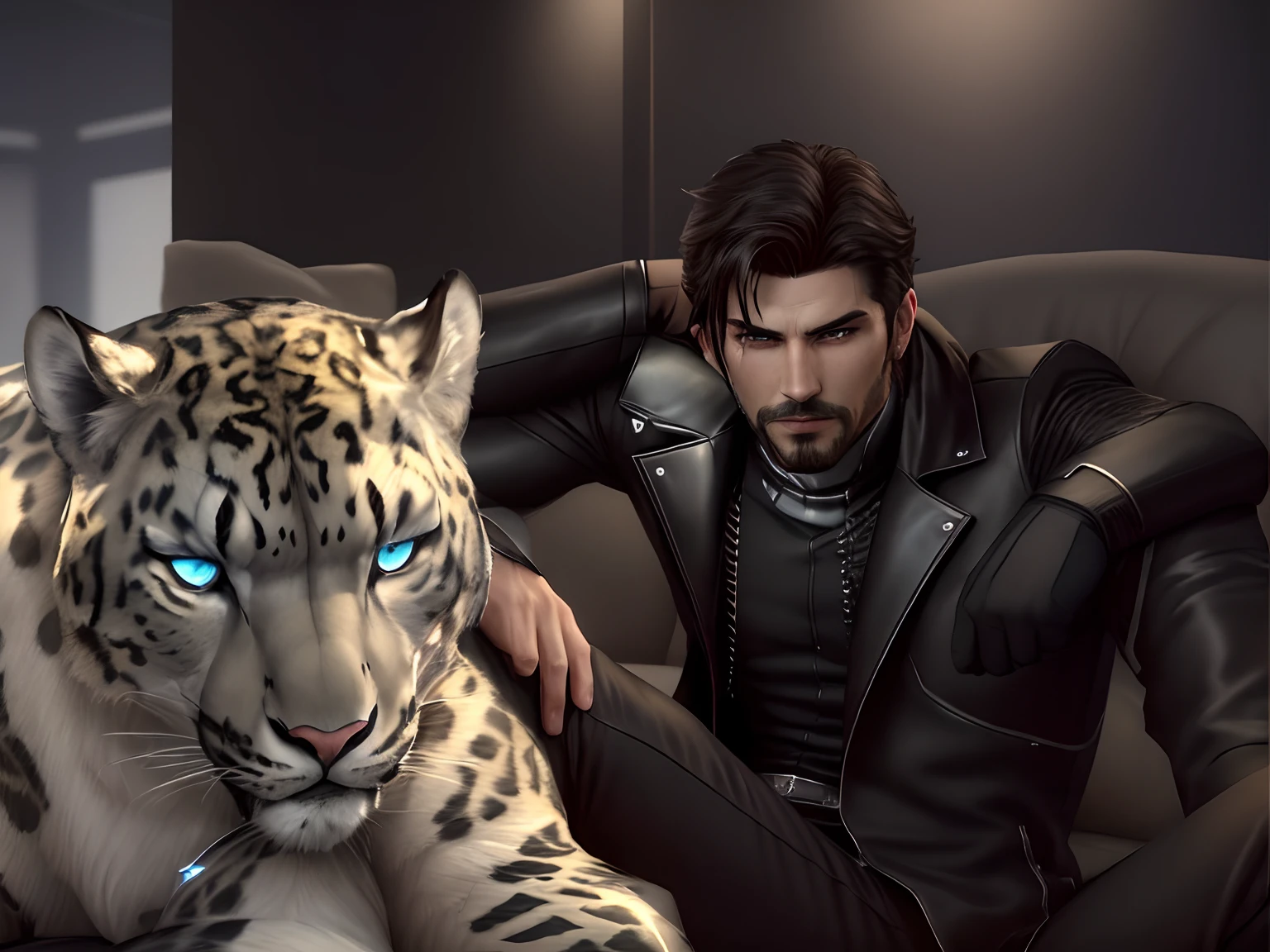 there is a man sitting on a couch with a snow leopard, second life avatar, portrait of adam jensen, handsome stunning realistic, based on a puma, daz3d, daz 3 d, daz 3d, handsome prince of persia, as a character in tekken, doing a hot majestic pose, style game square enix, inspired by Leon Chwistek