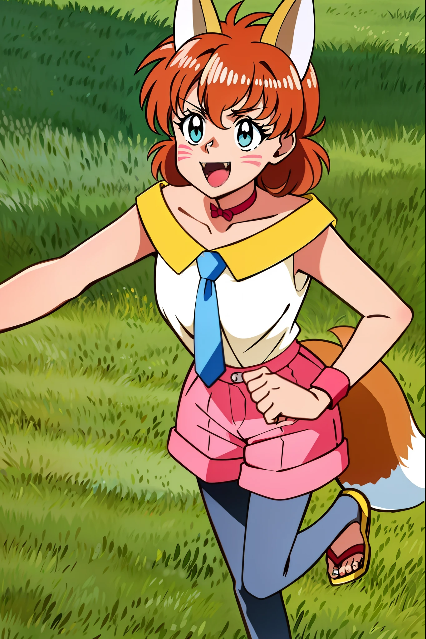 1girl, solo, KotoCzar, (fox ears, small tail, auburn hair, whiskers, whisker markings), (pink shorts, choker, wristband, pink_shorts, black pantyhose, white shirt, yellow shirt collar, blue necktie), (full body, standing, crowd, (masterpiece:1.2), hires, ultra-high resolution, 8K, high quality, (sharp focus:1.2), clean, crisp, cinematic,, medium breast, open mouth, smile, fangs, big breast, fulll body, flipflops