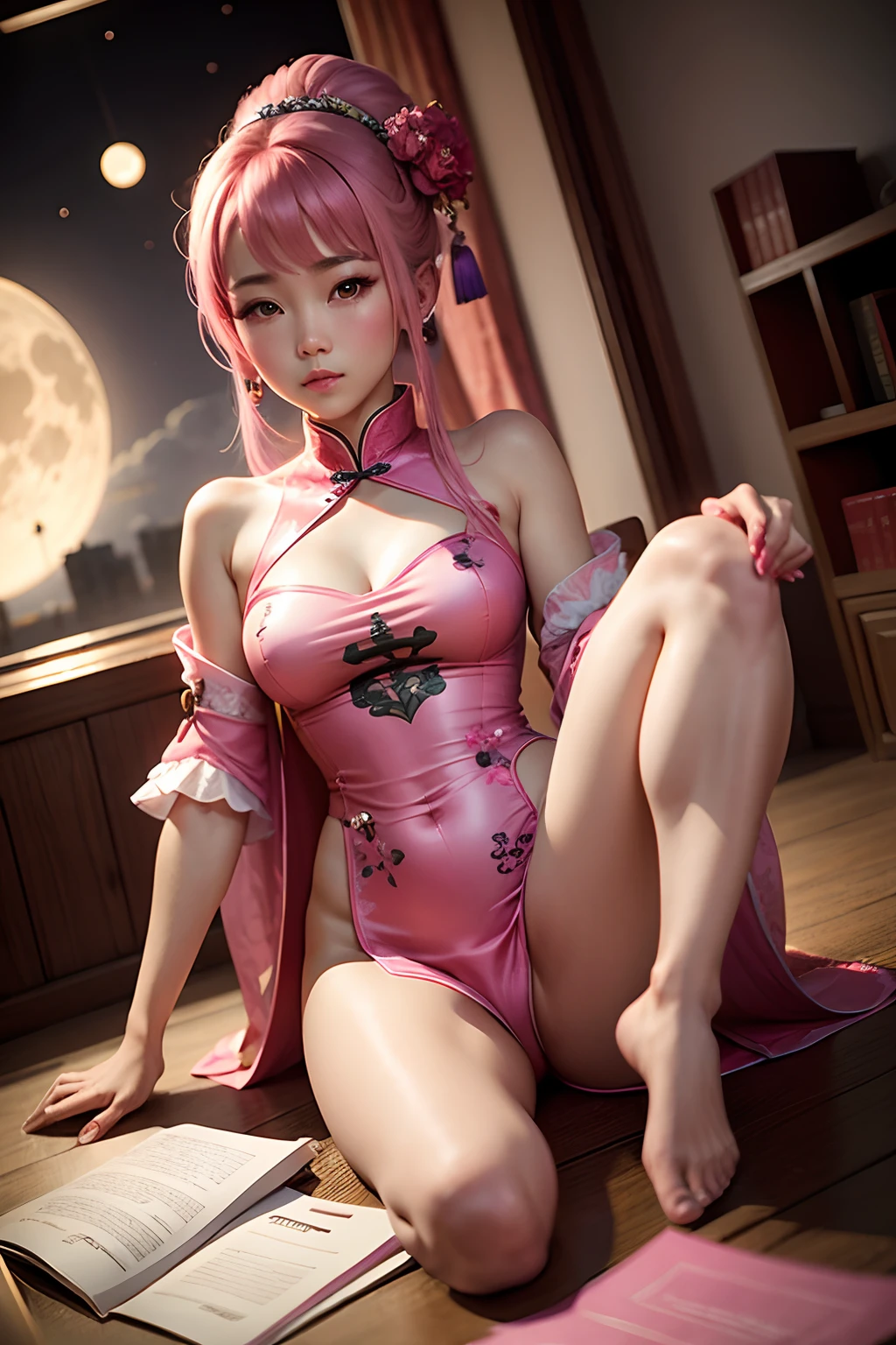 Pink costume beauty,China-style,Write on the desk under the moon