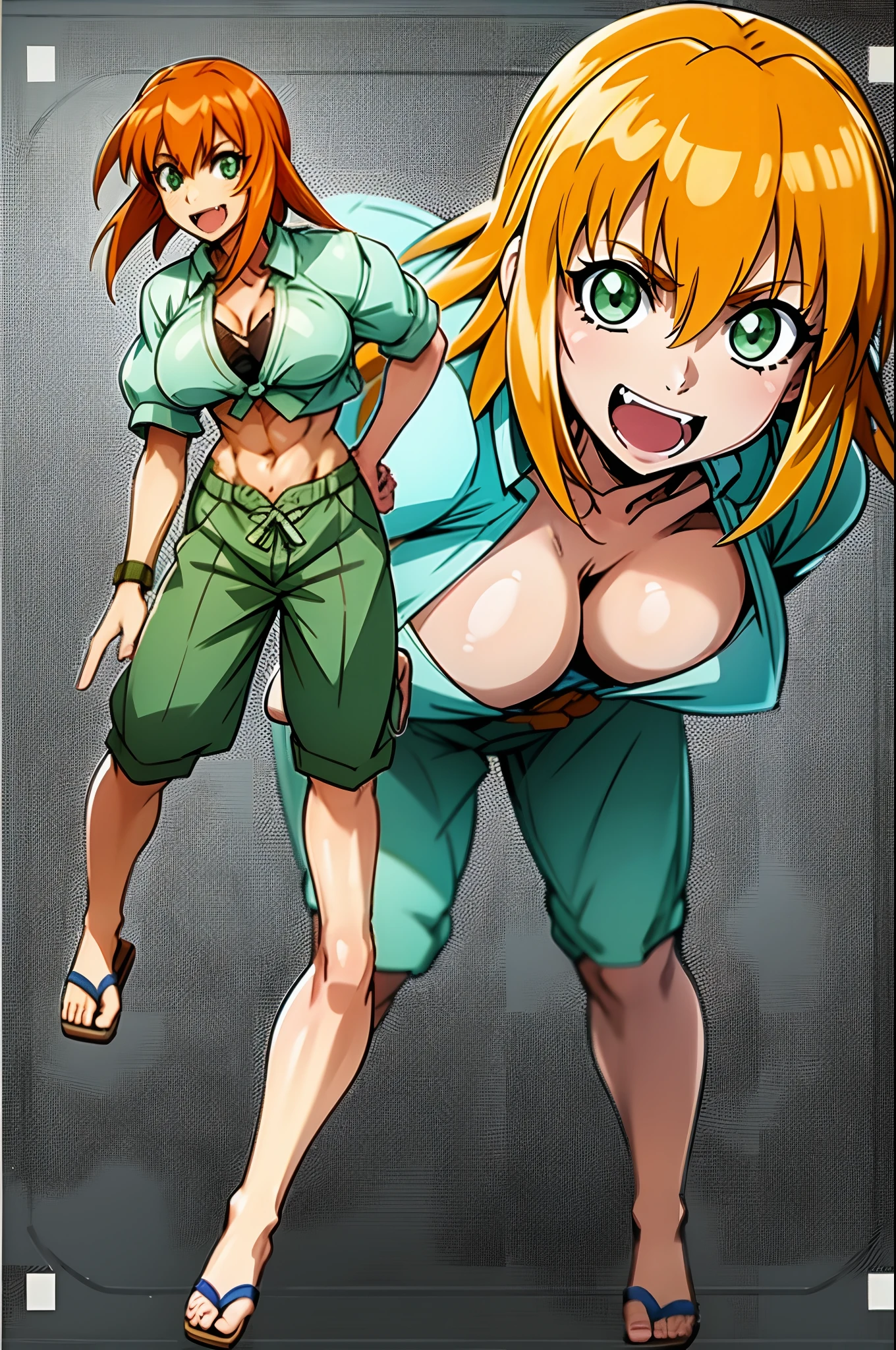excel, orange hair, smile, fang, open mouth, green eyes,standing, medium breast, pants, pullover, , full body, flipflops, big breast,