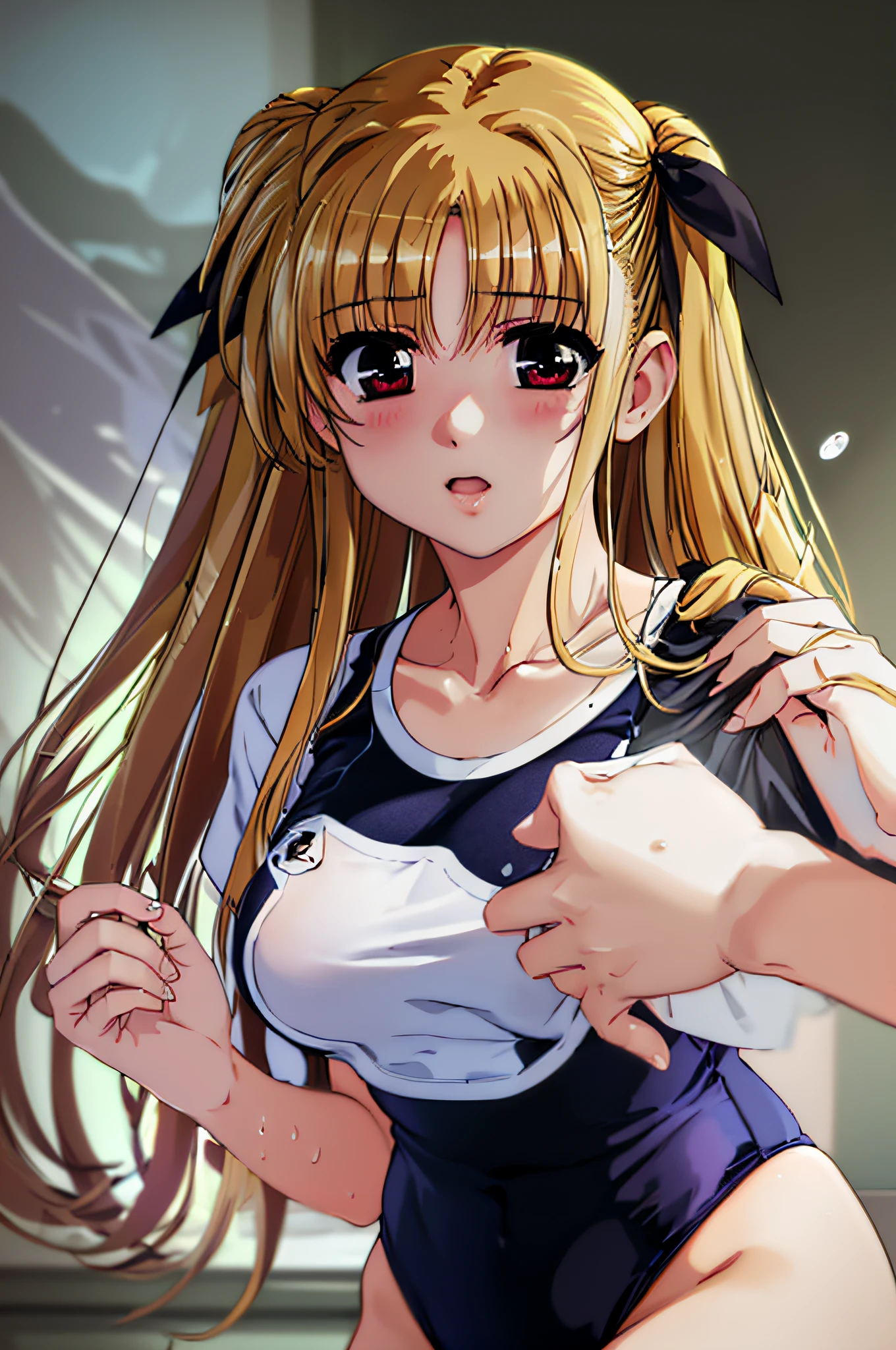 Life activities, 1girl in, (dress room:2.5)),(masutepiece:1.2), Soio,Outdoors,Best Quality,Best Beautiful Girl, High resolution, Unity 8k壁纸, (Illustration:0.8), Perfect Lighting, extremely details CG, (Perfect hands, Perfect Anatomy),model poses,Eyes open,(masutepiece:1.2), Best Quality, Fate Testarossa, 1girl in, Long hair, Twin-tailed, a black ribbon,((School swim wear:1.5)), Park, High resolution, Unity 8k壁纸, (Illustration:0.8), extra detailed face, Perfect Lighting, extremely details CG, (Perfect hands, Perfect Anatomy),masutepiece, Best Quality,Cowboy Shot,(red blush,9age、tiny chest,