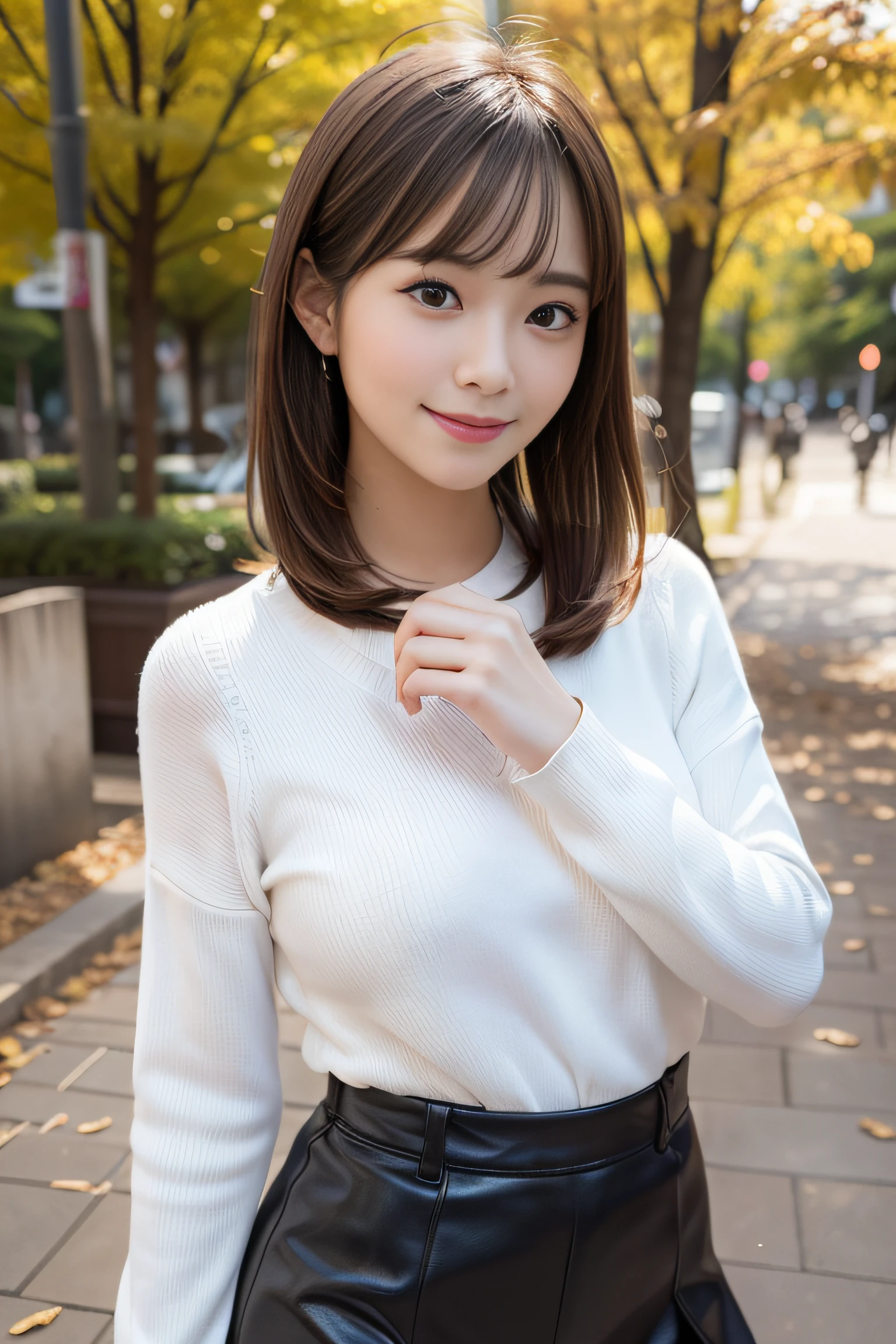 in 8K,Best Quality:1.4, 超A high resolution:1.5, (Photorealistic:1.4),masterpiece:1.2,(top-quality:1.4)、 Raw photo、(the background is blurred), A park on a hill with a good view:1.4、FULL BODYSHOT:1.5、 1日本人の女の子, Cute, (Solo), (huge smile), Smooth skin、(30-years old:1.4)、to stand、Check miniskirt、Cute mini skirt、 (Brown medium hair,Bangs), (touch hair:1.4)、nogizaka、cute little、Supple fingertips,Beautiful black eyes、natural skin textures:1.3, realistic eyes and face details:1.7、middlebreasts、gazing at viewer、gravure、beauty legs、autumnal、long-sleeve