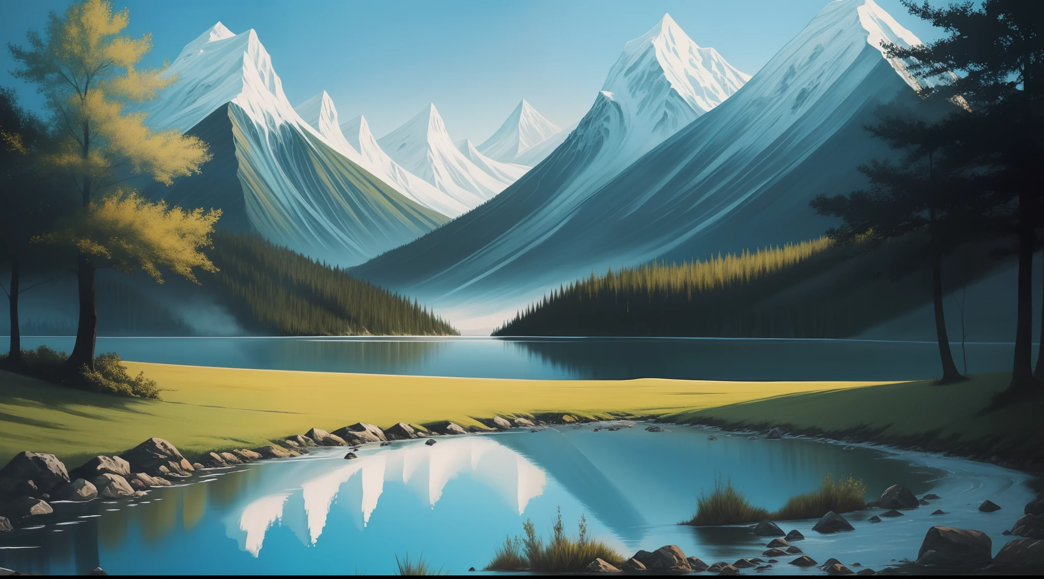 Help me generate a landscape painting,Paintings with water and aura