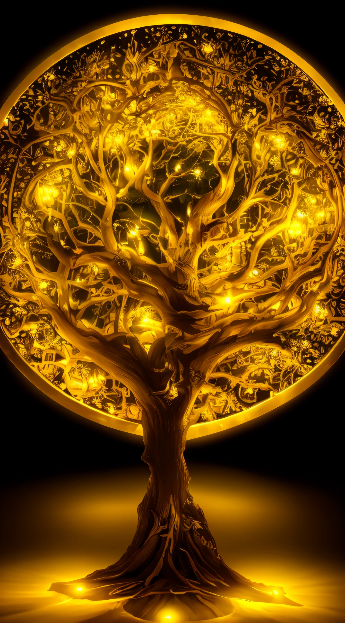 There is a large tree illuminated in the dark, golden sacred tree, Tree of Life, enlightening. Intricate, The Tree of Life, tree of life inside the ball, World Tree, Cosmic Tree of Life, beautiful light up, yggdrasil, tree of life seed of doubt, Take epic and complex photos, Intricate light, Fantasy Tree