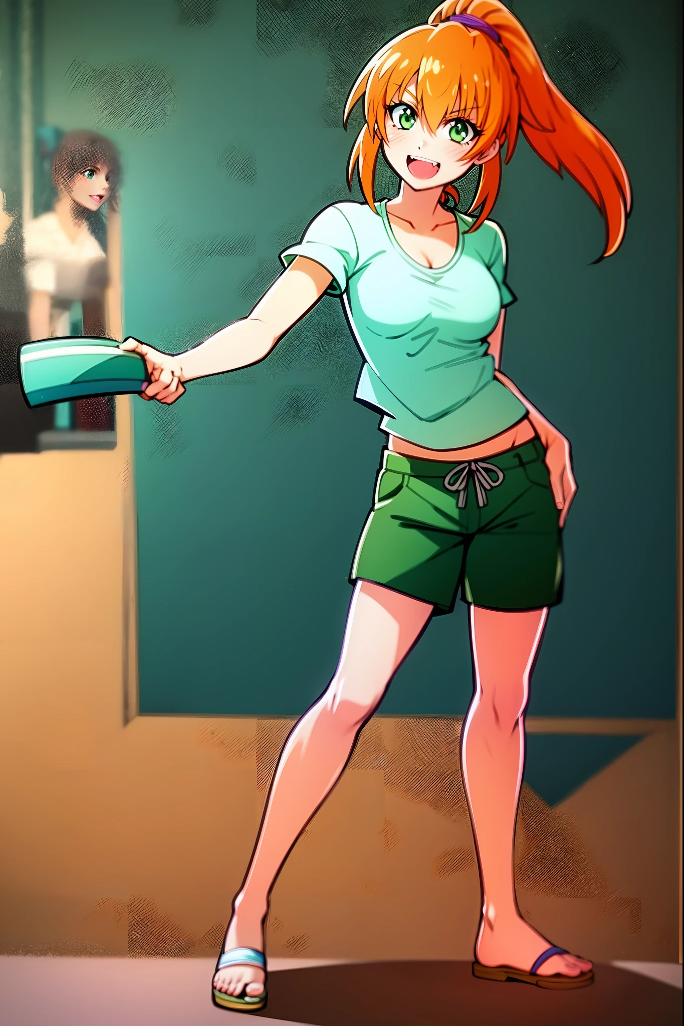 excel, orange hair, smile, fang, open mouth, green eyes,standing, medium breast, pants, pullover, ponytail, full body, flipflops