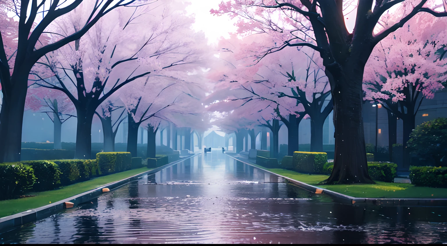 (beautiful university campus), the path of stone,(two side of trees,) after raining, drop of water from the trees, students in the part of the picture (small puddles of water),(anime style),(CG), atmospheric perspective, masterpiece, accurate, ((best quality)), high quality, super detail, high details, anatomically correct, highRes, 1080p