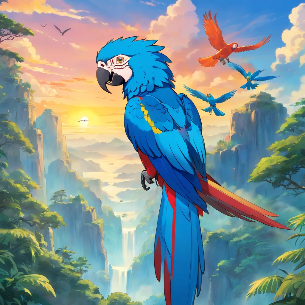 Macaw bird of blue color with open wings on its back Fantastic background