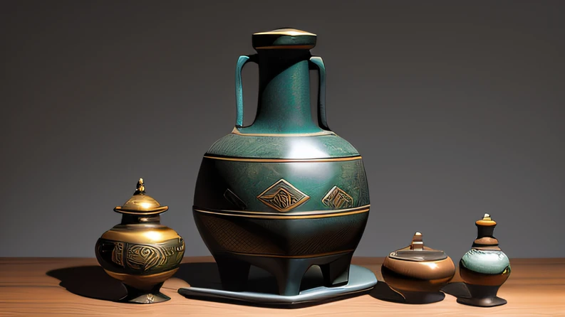 Antique artifacts，The bottle is placed on an ebony table，Total height 28 cm，Emerald inlay，This copper, White gold bronze bottle，It resembles a copper cleaning bottle unearthed by the shrine monk Tataki，It can be concluded that it is a relic of the Tang Dynasty，Blue and white inlay，Full staff kiln, Full branch mode, No text，Forged hammer pattern，Has a small belly，oguchi，sedate，massiness，Shiny and warm