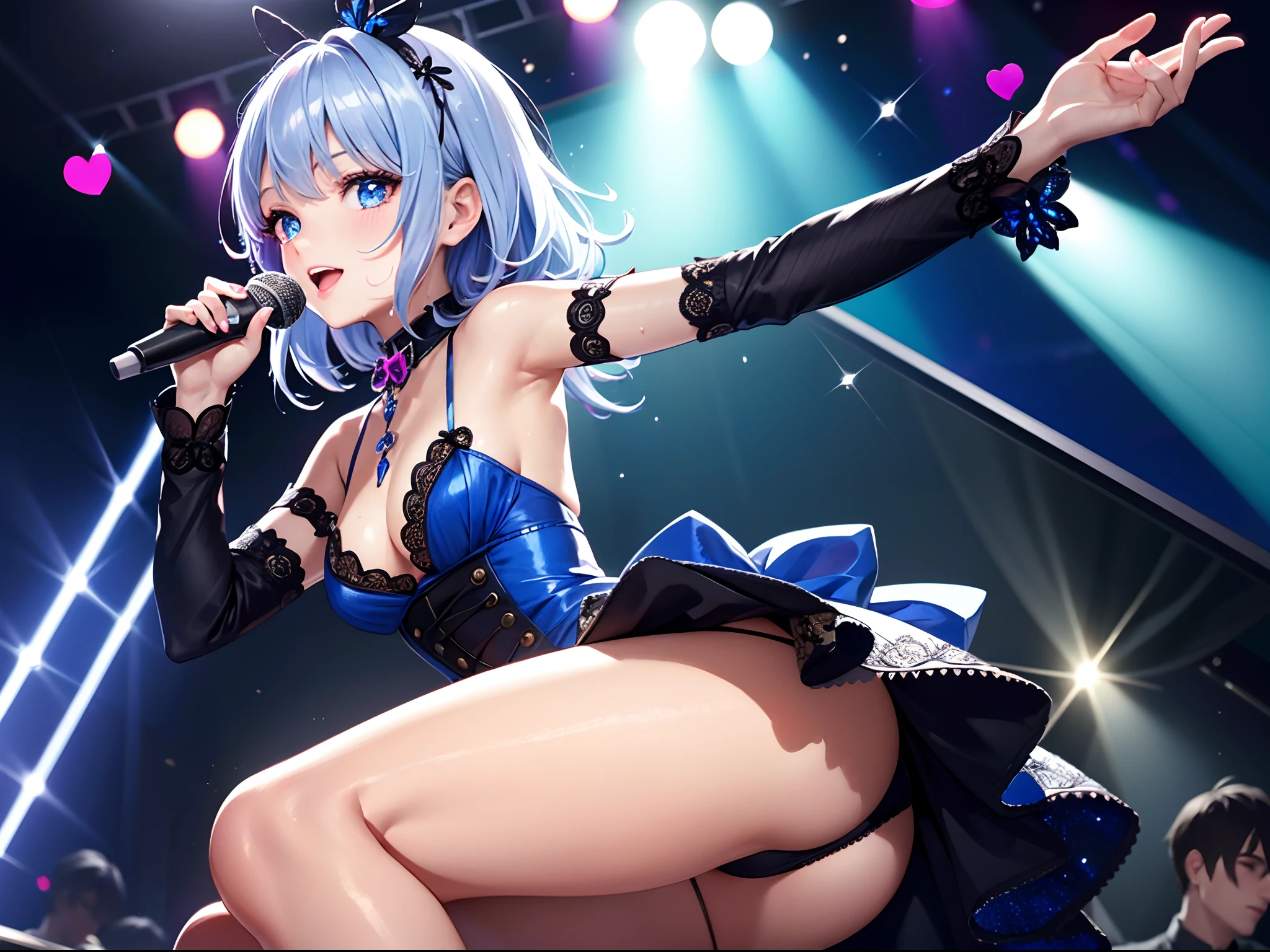Illustration, cinematic light, high resolution, best quality, ultra detailed, detailed face, (detailed eyes), highest quality, super detailed, masterpiece, (detailed face), pretty face, best smile, sexy mature woman transparent (white and red goth costume: 1.5), ultra detailed embroidery, cloth, choker, open cloth, NSFW, high heels, blue eyes, neon small shiny hair ends, D cup, cleavage, AI fantasy concert, shining lighting with neon details, idol, (live stage: 1.15), (singing holding the microphone with left hand: 15), singing with butt sticking out: 5, (to a packed audience in the background), light reflection, heart-shaped iris, playful eyes, open shoulders, (wet body), small glowing butterfly, hair jewelry, panties, cute string white panties with ribbon: 1.5