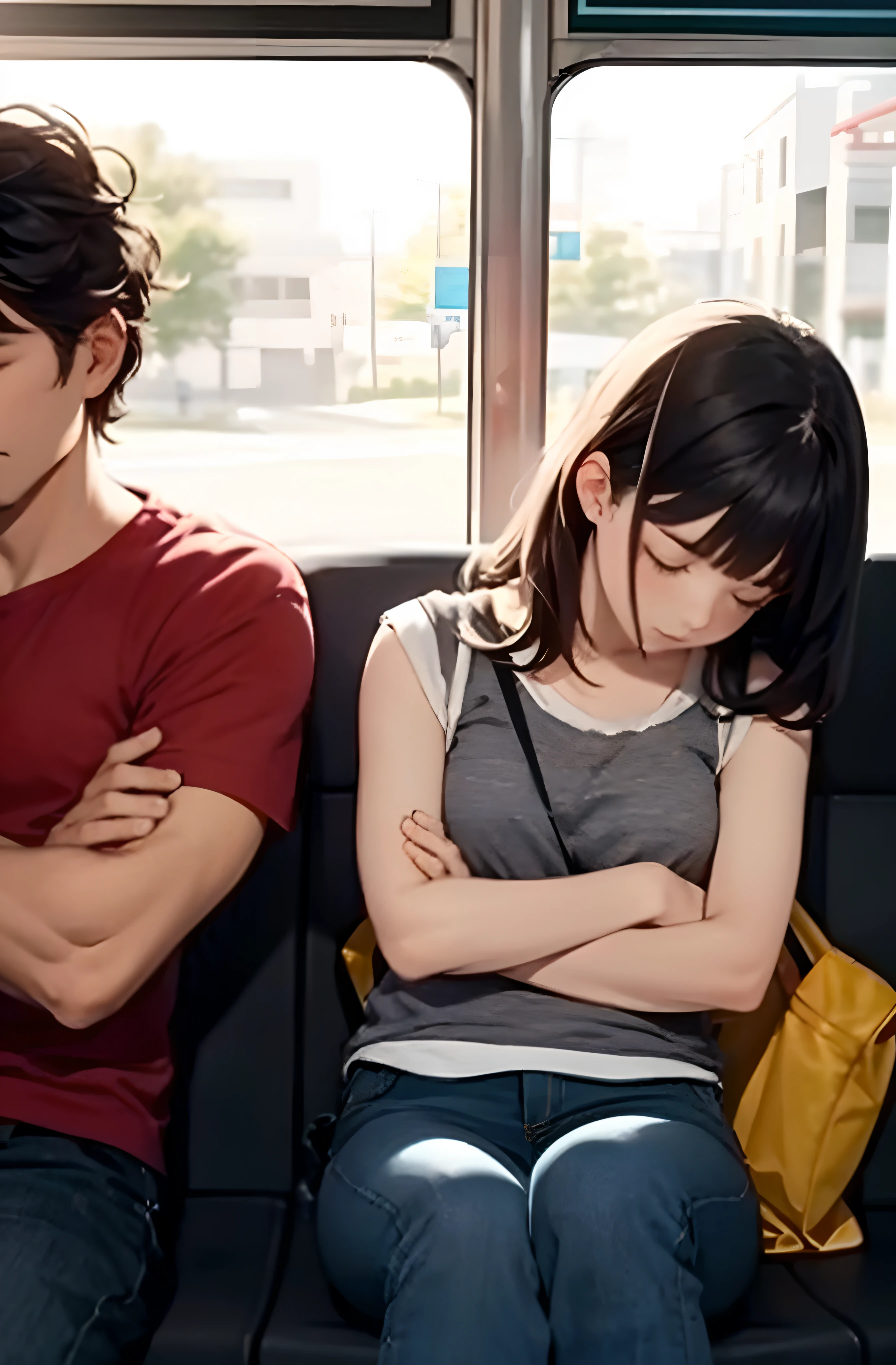 Sitting sideways. Her balance depends on his shoulders.Man and woman sleeping together on the bus,Sleeveless.He has his arms crossed.(best quality,4k,highres:1.2).