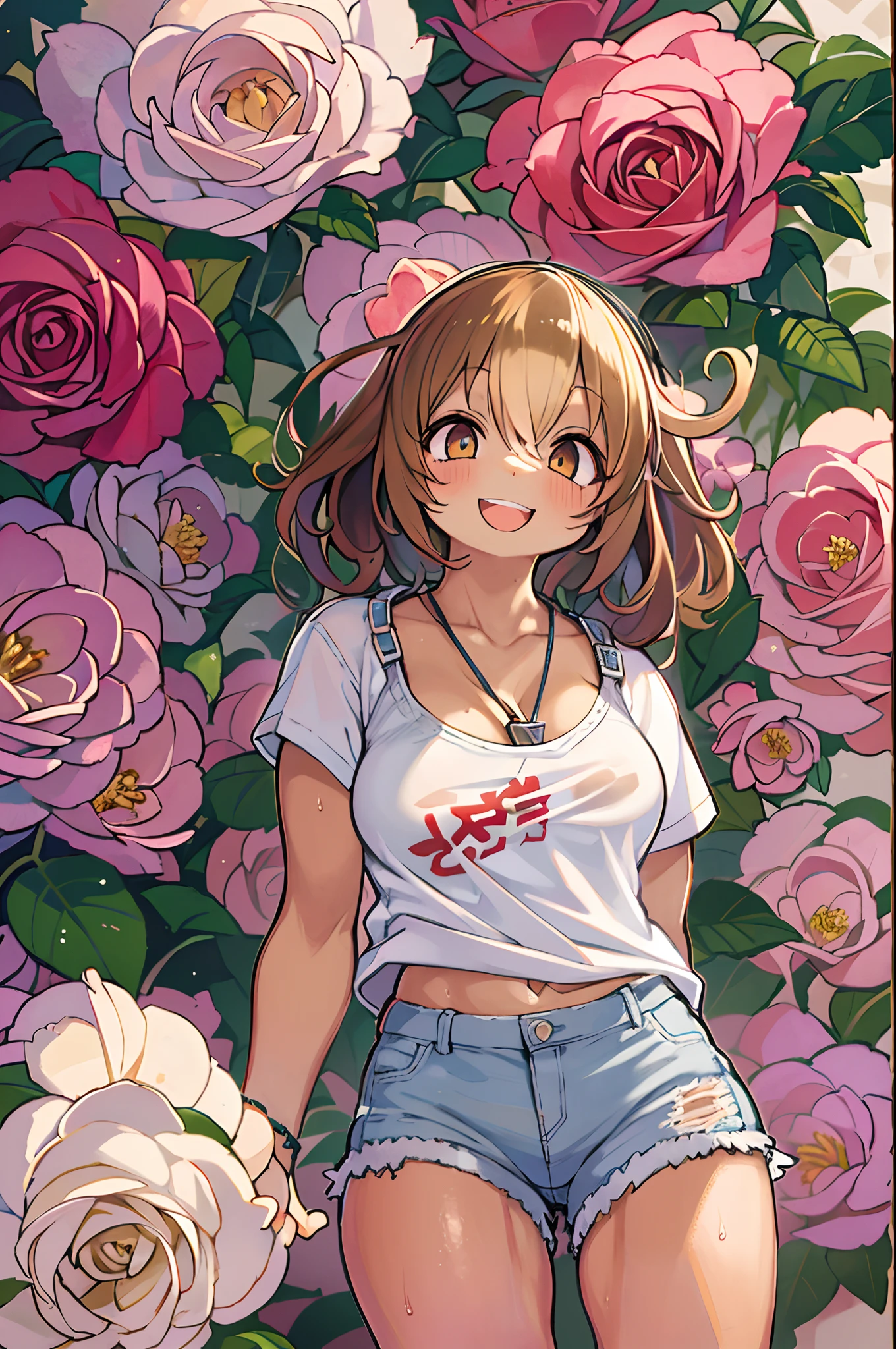 masutepiece, a young beautiful girl, Smiling, Looking at the camera, Stand in front of a mass of roses, Wearing shorts and T-shirt, White sneakers. Wearing tops and shorts, Flowers, fully body photo, Casual pose, Thicker legs