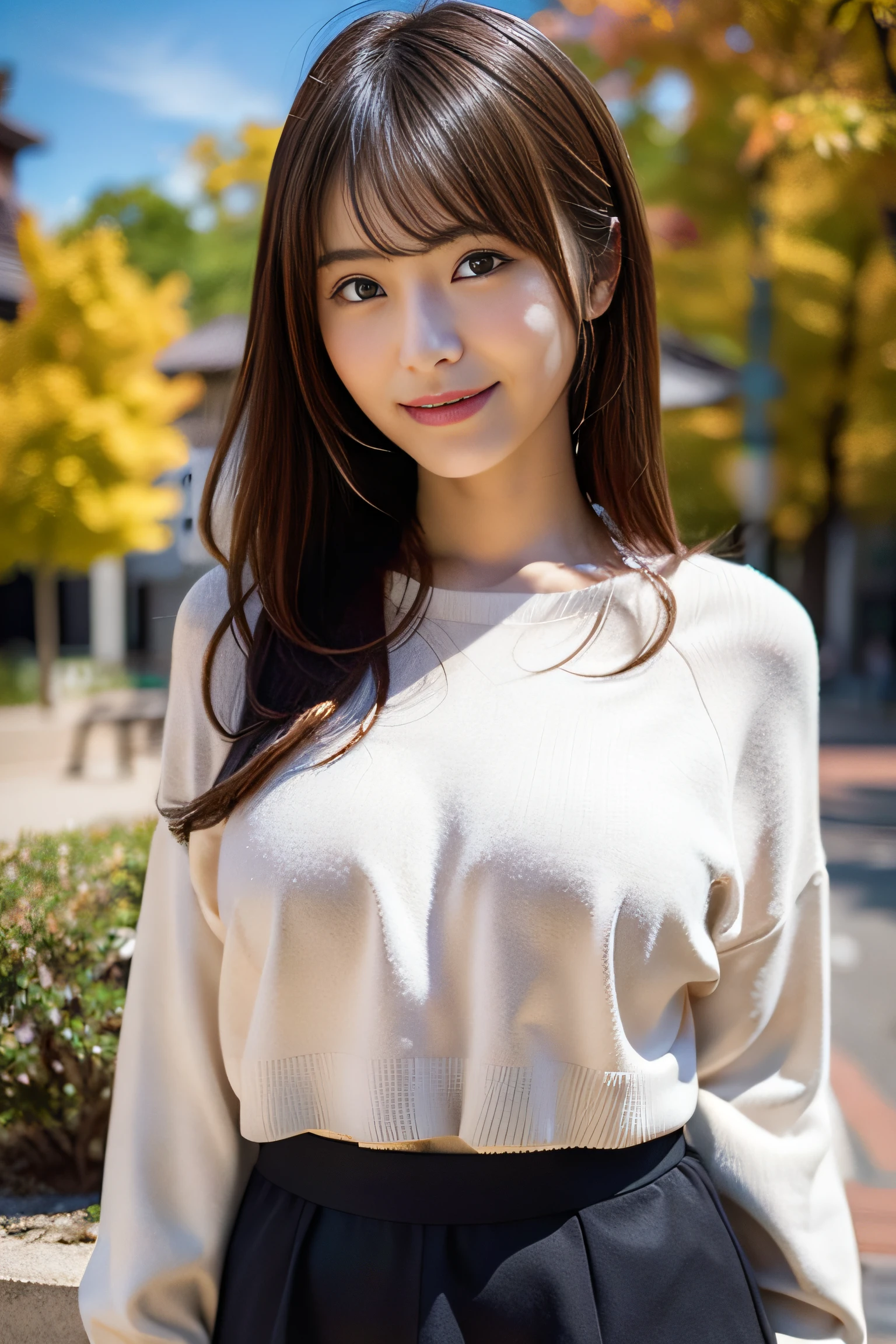 in 8K,Best Quality:1.4, 超A high resolution:1.5, (Photorealistic:1.4),​masterpiece:1.2,(top-quality:1.4)、 Raw photo、(the background is blurred), A park on a hill with a good view:1.4、FULL BODYSHOT:1.5、 1日本人の女の子, Cute, (Solo), (huge smile), Smooth skin、(30-years old:1.4)、to stand、Check miniskirt、Cute mini skirt、 (Brown medium hair,Bangs), (touch hair:1.4)、nogizaka、cute little、Supple fingertips,Beautiful black eyes、natural skin textures:1.3, realistic eyes and face details:1.7、middlebreasts、gazing at viewer、gravure、beauty legs、autumnal、long-sleeve、Kochia