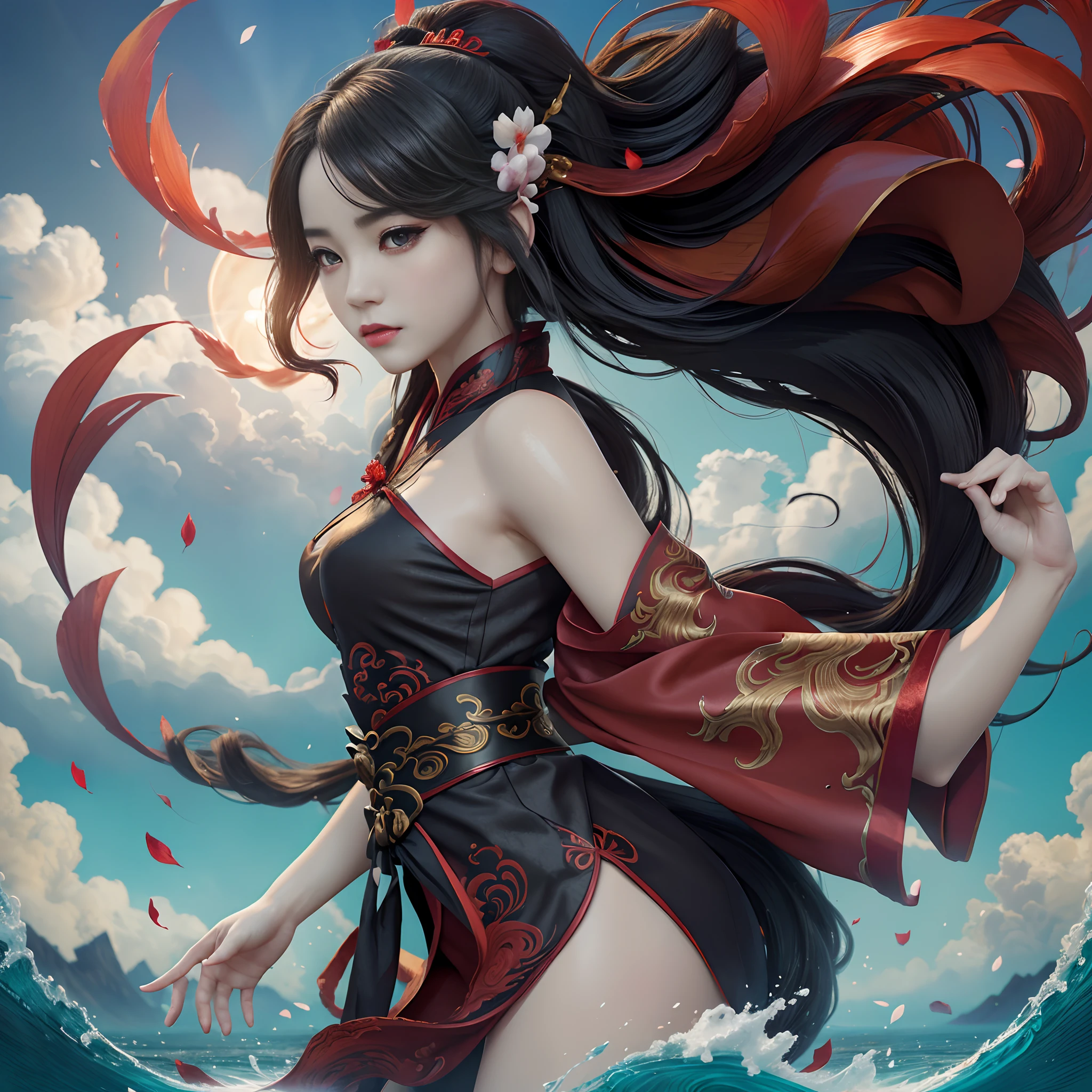 ((best quality)), (((masterpiece))), (highres), original, extremely detailed 8K wallpaper, [an extremely delicate and beautiful girl who with dark red long hair,dress,scarf,feather and is (heroic battle:1.3)],(beautiful detailed red eyes),world masterpiece theater,beautiful detailed garden, fluttered detailed petal, grow, melting, abstract, [a girl who has short hair with long locks,small breast ,messy hair, red eyes,long sleeves ,Taoist robe,oversized clothes is melting and splashing],splash,hyper detailed,backlighting,sand, water,black background, dust clodust,water splash, (((Ink painting style))),(((Chinese Brush Painting))),, Blacker than black, darker than darkness, I wished for my crimson mixture, The hour of awakening has come, Falling into the border of infallibility, Appear as a distortion of worklessness, dance dance dance, What I want from the torrent of my power is collapse, Unparalleled collapse, All things equally reduced to ashes, come from the abyss, This is mankind's most powerful means of attack., This is the ultimate attack magic, Explosion!
