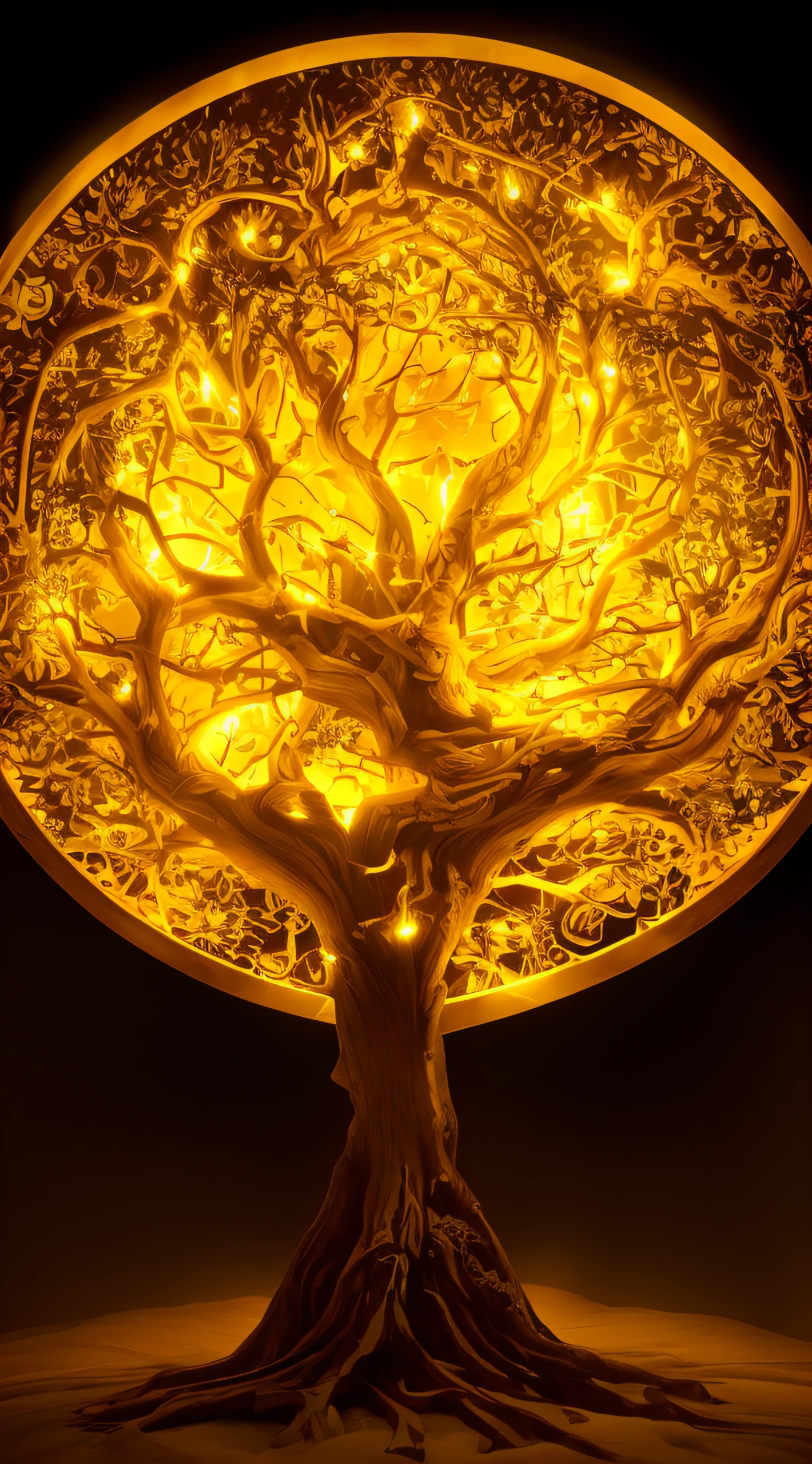 There is a large tree illuminated in the dark, golden sacred tree, Tree of Life, enlightening. Intricate, The Tree of Life, tree of life inside the ball, World Tree, Cosmic Tree of Life, beautiful light up, yggdrasil, tree of life seed of doubt, Take epic and complex photos, Intricate light, Fantasy Tree