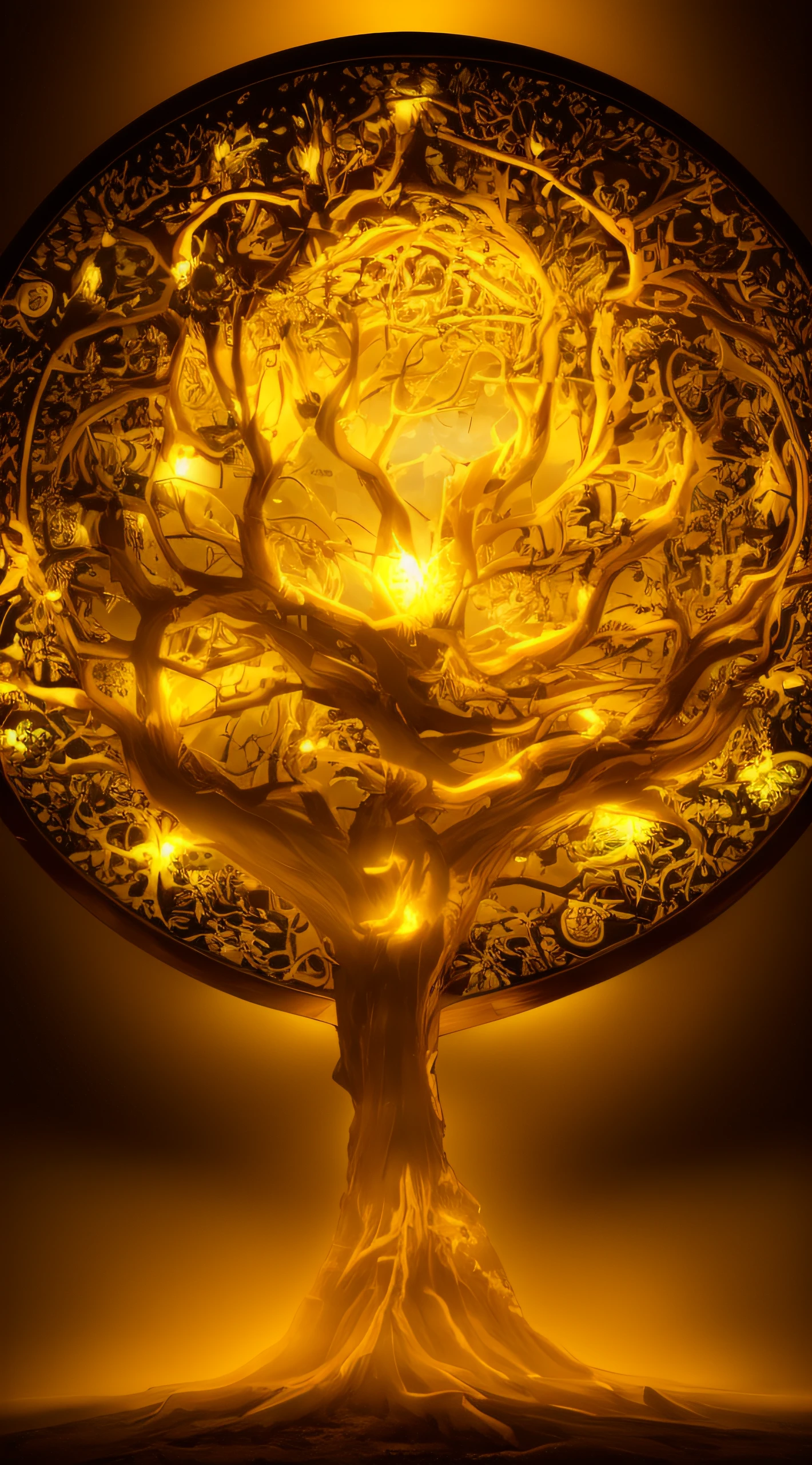 There is a large tree illuminated in the dark, golden sacred tree, Tree of Life, enlightening. Intricate, The Tree of Life, tree of life inside the ball, World Tree, Cosmic Tree of Life, beautiful light up, yggdrasil, tree of life seed of doubt, Take epic and complex photos, Intricate light, Fantasy Tree