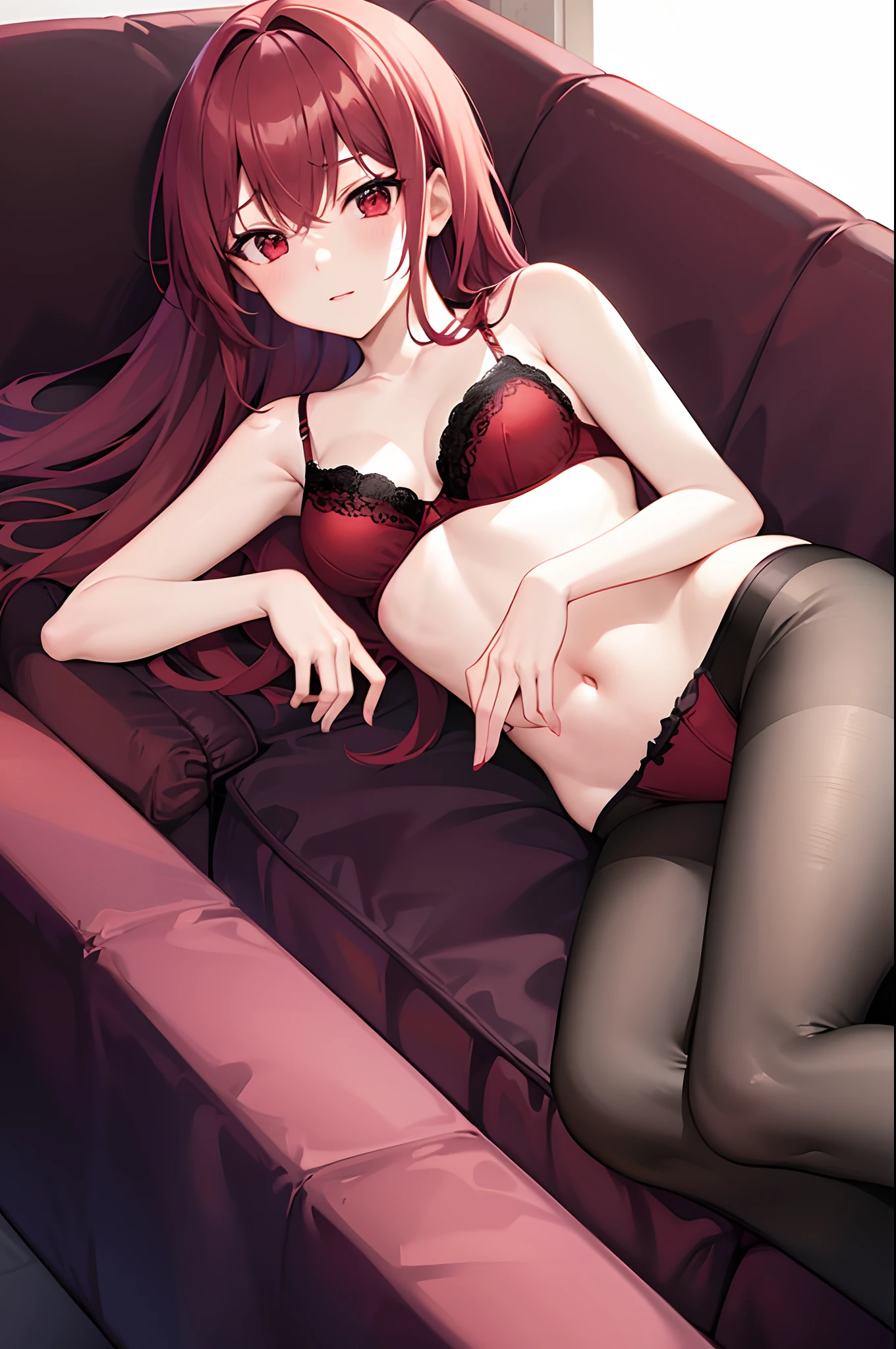 red hair, girl, lying on couch, long hair, medium breasts, black pantyhose, red bra, waking up, red eyes,breasts, small breasts, corset