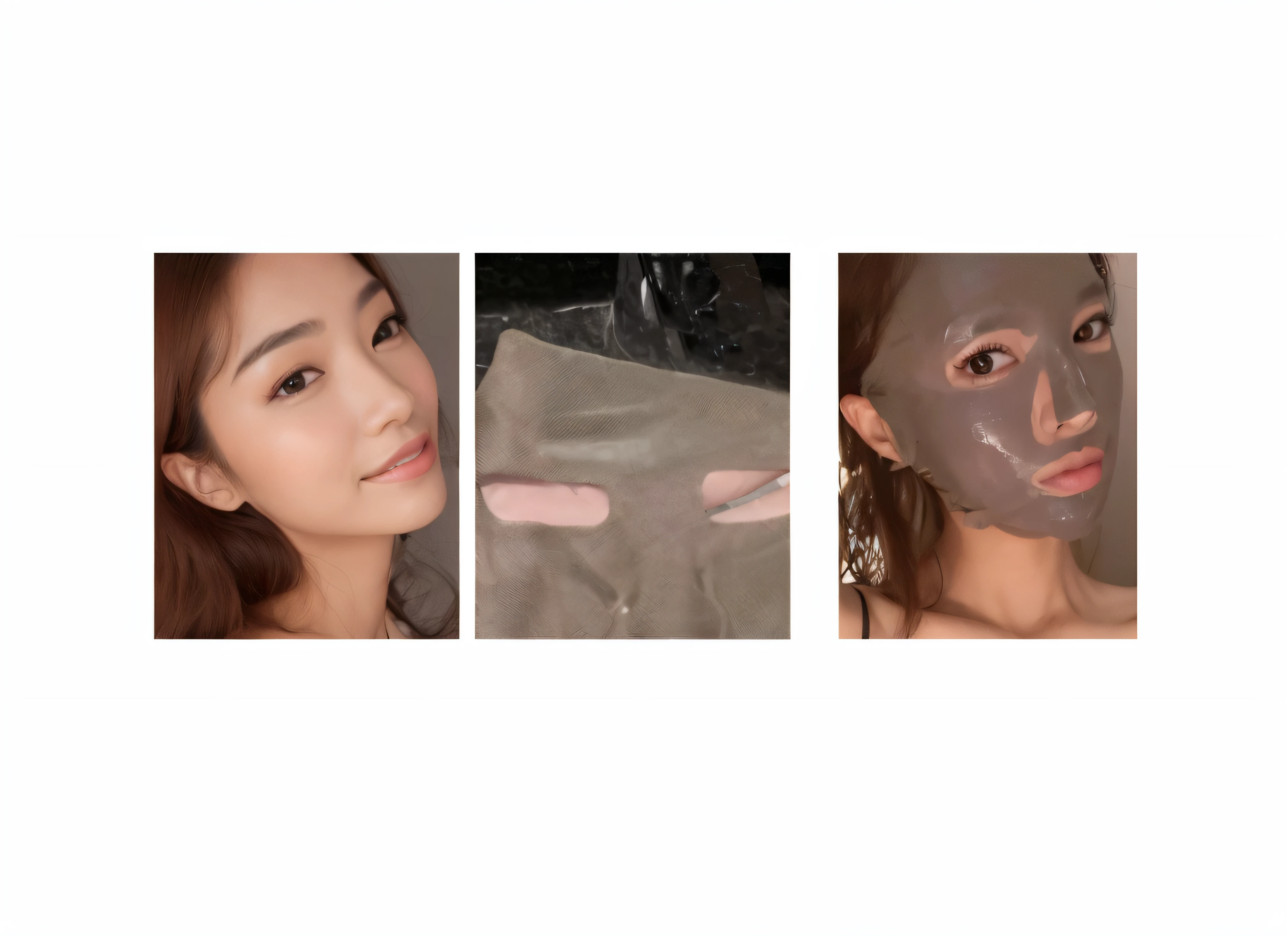 Three photos of women with masks on their faces, some of them use gask mask, Charcoal-colored skin, mask inside mask, Clear [[Bronze]] face [Mask], Clear lips and high quality, wearing transparent glass mask, High quality material BSSRDF, facemask, masks, silicone skin, Clean face and body skin