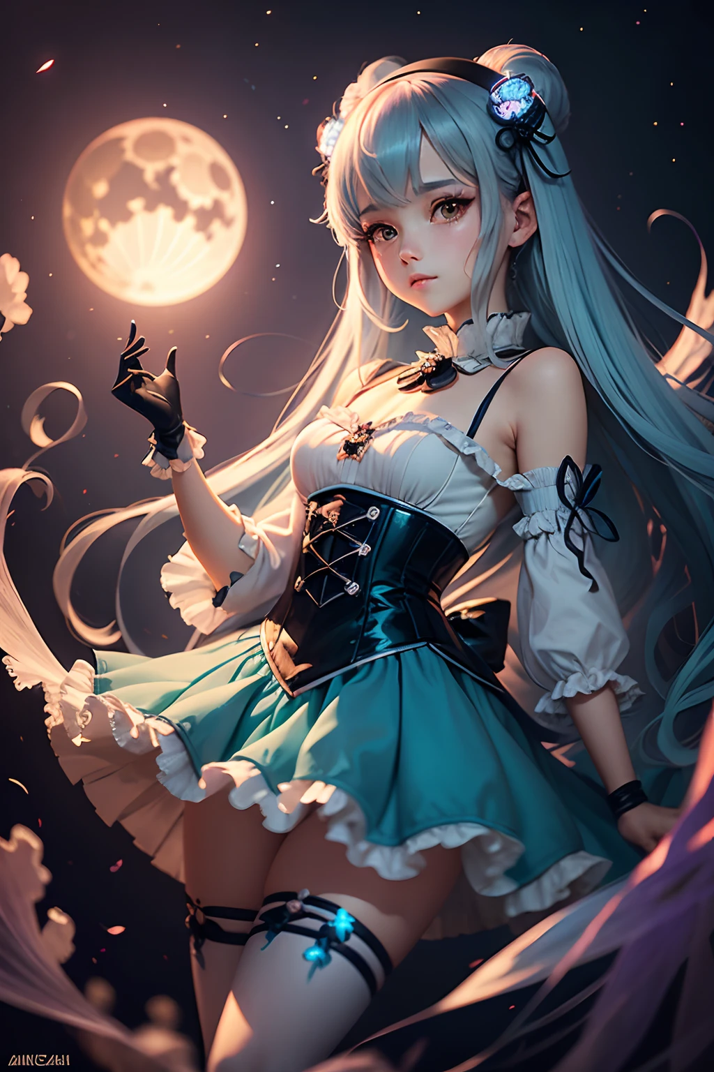 (cancer zodiac) there is a woman with grey glowing cyan hair on underwater with glowing cyan fish, Godest of the sea, spider arm attatched on back, anime girl cosplay, anime girl in real life, anime style mixed with fujifilm, portrait of magical ta girl, cute kawaii girl, anime cosplay, beautiful anime style, lolityle, anime style, cute anime girl, beautiful anime girl, artwork in the style of guweiz, night background with moon