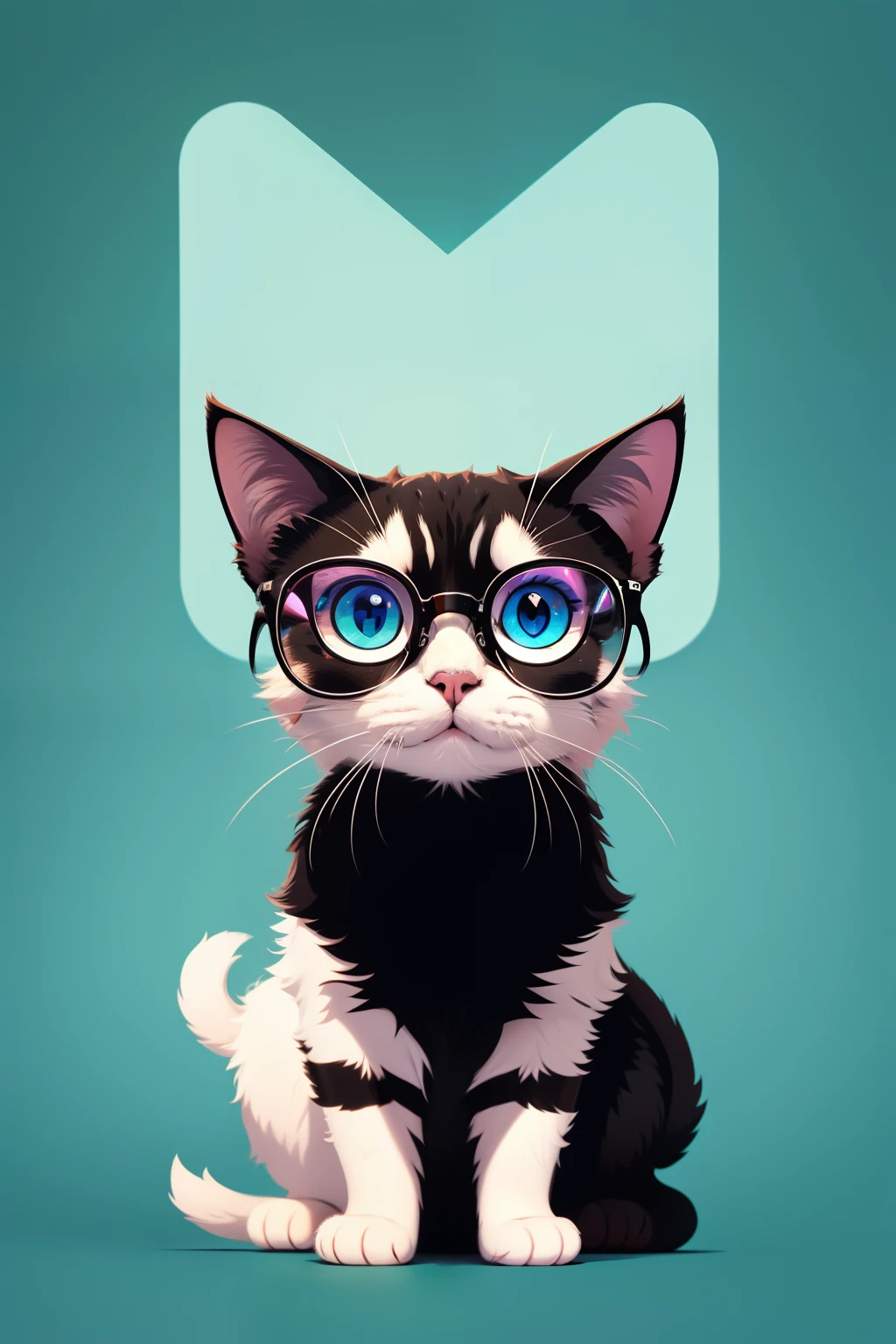 a bespectacled cat, cores neon, arte vetor, retrato, animation style, Minimalista((solid background))