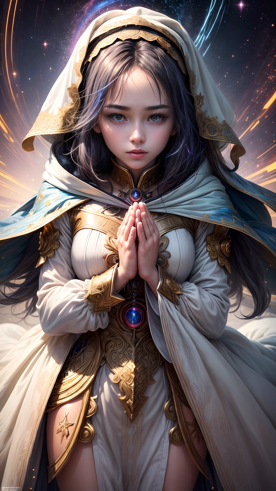 (masterpiece, top quality, best quality, official art, beautiful and aesthetic:1.2), (1girl), extreme detailed, colorful, highest detailed, purest perfect face, upper body, HDR, (praying:1.3), (white cloak golden lines:1.2), galaxy, (light streaks), striking visuals, (dynamic streaks, luminous trails:1.2), vibrant colors,