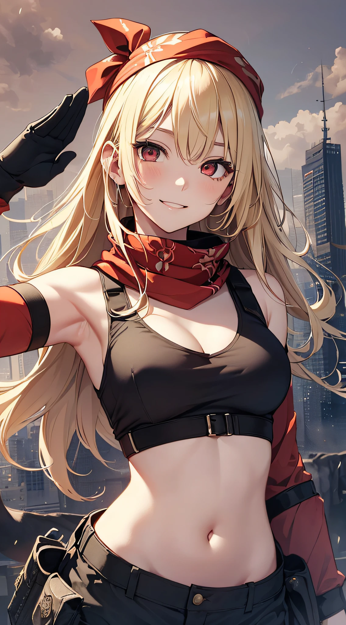 a sexy women with short white hair posing for a painting with fists up,1girl,gloves,long hair,skirt,jewelry,_breasts,solo,crop top,earrings,navel,fingerless gloves,suspenders,smile,tifa lockhart,looking at viewer,midriff,collarbone,thighhighs,(_large_breasts),simple background,bare shoulders,white background,cleavage,stomach,black hot Pants,low-tied long hair,taut clothes,suspender skirt,red gloves,closed mouth,blonde hair,belt,hot Pants,armpits,zettai ryouiki,bangs,(red ribbon on hairband:1.2),Ichigo Hoshimiya (Aikatsu!),tifa ff7